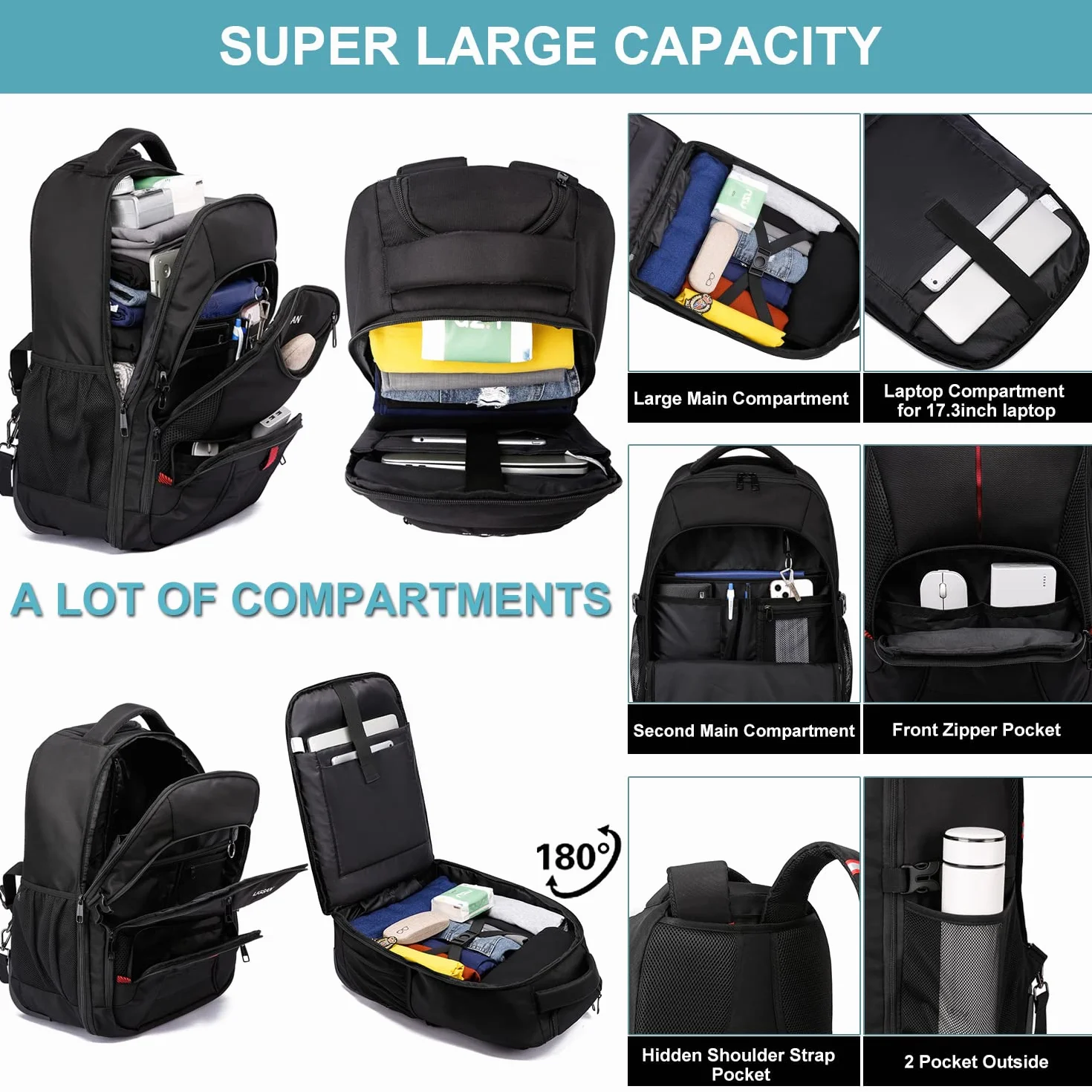 Laptop Trolley Rucksack Business Rolling 17 Zoll Laptop Rucksack mit Rädern Handgepäck Groß Rucksack Laptoptasche Rollkoffer für Herren Damen Wasserdichte Aktenkoffer für Reisen/Männer/Frauen-Schwarz