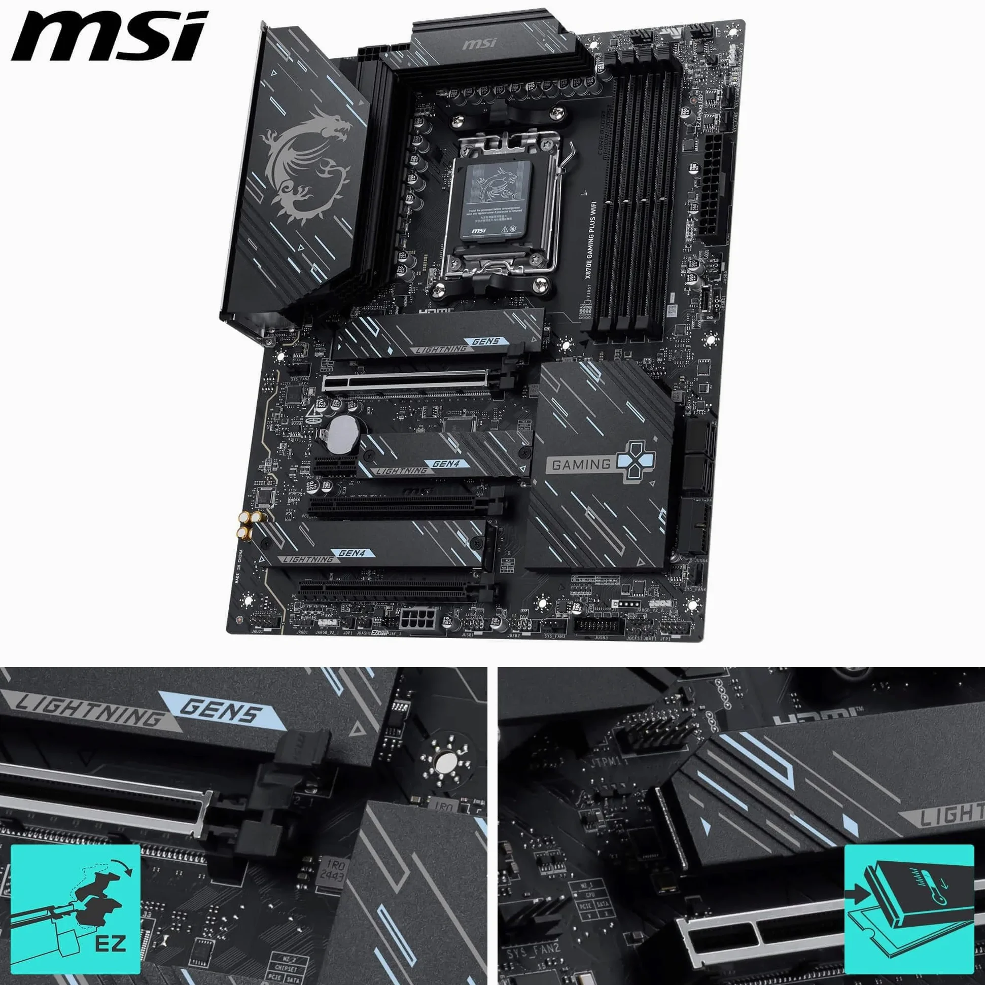 MSI X870E Gaming Plus WiFi Mainboard, ATX - Unterstützt AMD Ryzen 9000/8000 / 7000 Prozessoren, AM5-60A SPS VRM, DDR5 Memory Boost 8200+ MT/s (OC), PCIe 5.0 x16 & 4.0 x4, M.2 Gen5, Wi-Fi 7, 5G LAN
