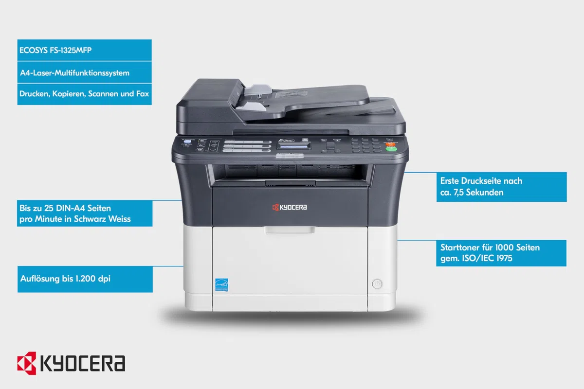 Kyocera Ecosys FS-1325MFP Laserdrucker Multifunktionsgerät 4-in-1 Schwarz Weiss: Multifunktionsdrucker mit Duplex, Drucker Scanner Kopierer, Faxgerät