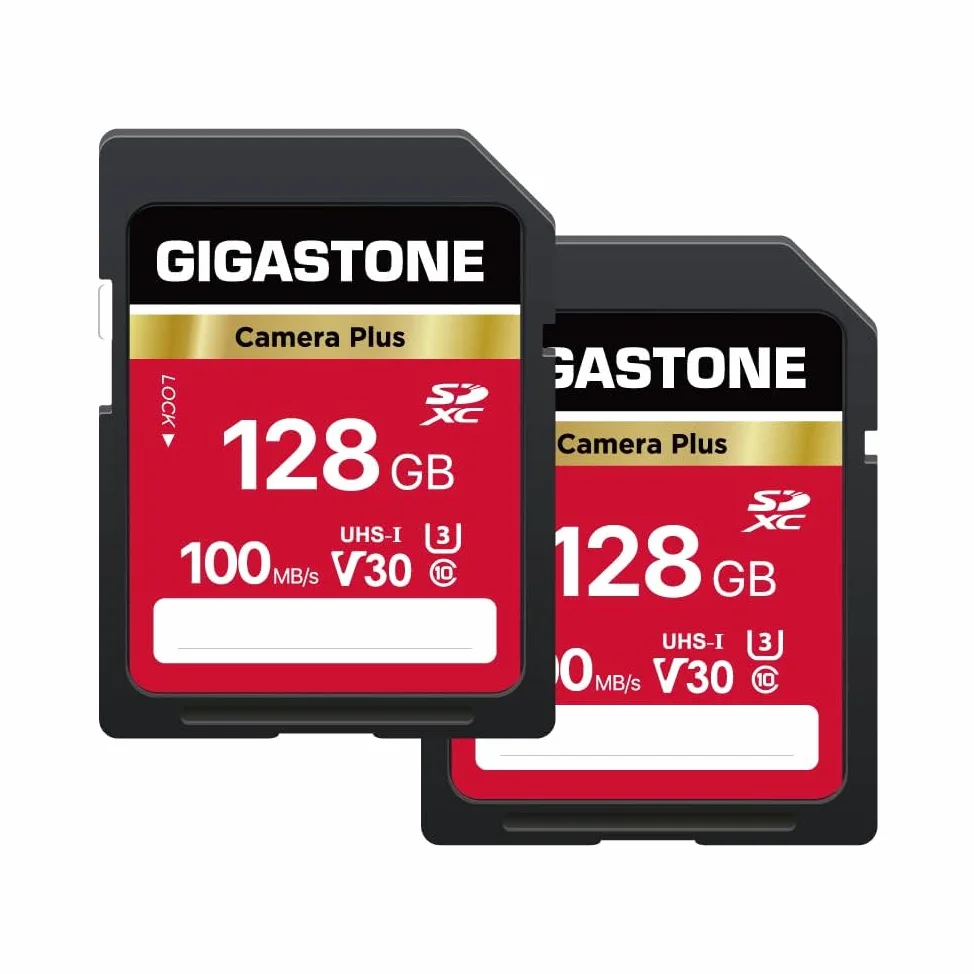 GIGASTONE 128GB SDXC Speicherkarte 2er-Pack, Kamera Plus, bis zu 100 MB/s, für Videoaufnahmen mit Digitalkameras von Canon Olympus, V30 UHS-I U3 Klasse 10