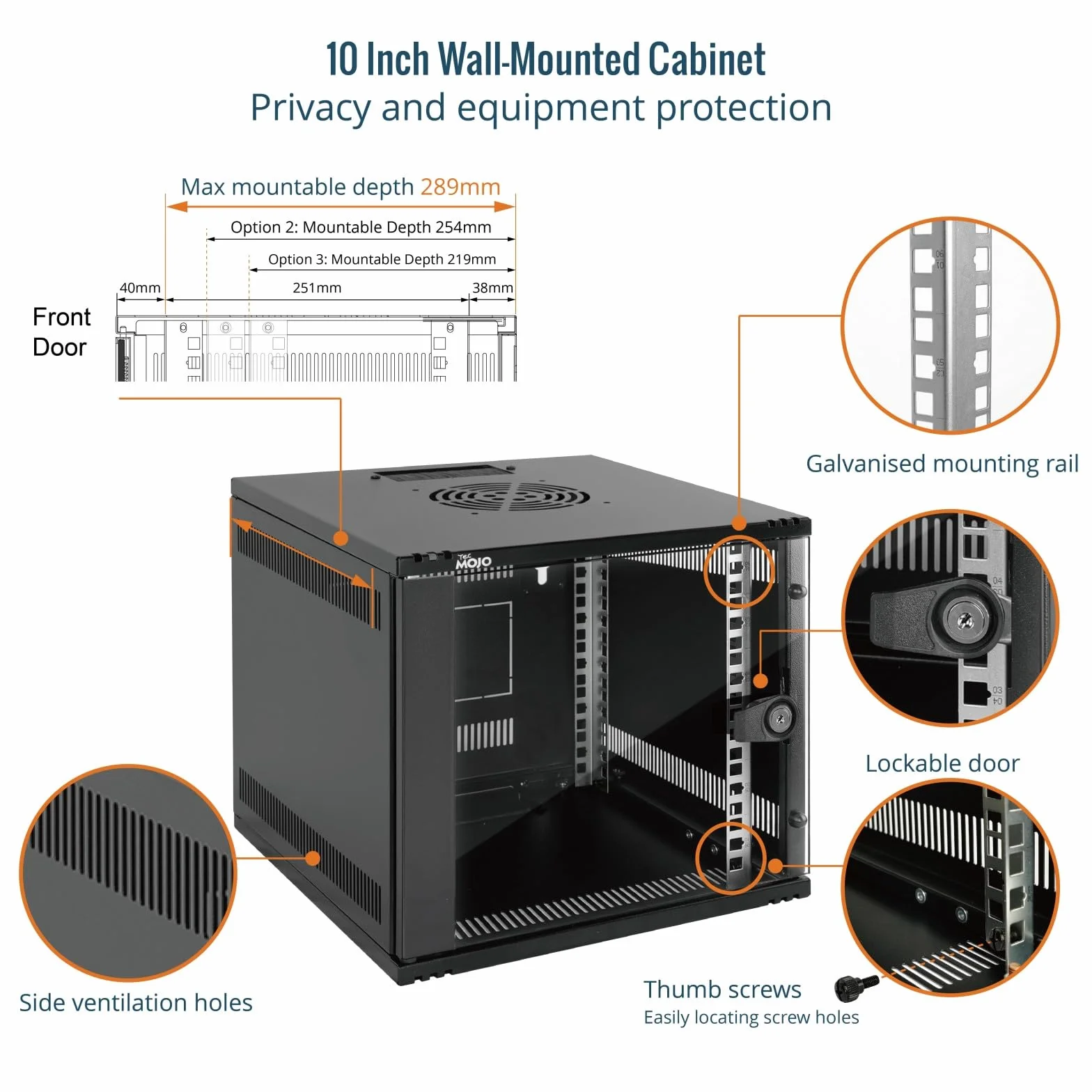 Tecmojo 10-Zoll 6HE Wandmontage-Netzwerk-Schrank, 330 mm tief, Netzwerkschrank mit Rack-Ablage, Bürstenblenden, Kabelorganisator für 10-Zoll-AV/IT/NAS-Geräte (254 mm), 50 kg Traglast, Schwarz, Glastür