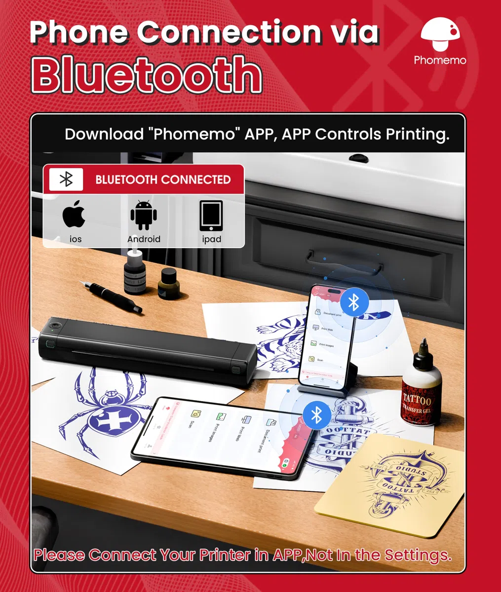 Phomemo M08F Tattoo Drucker, Tattoo Stencil Drucker Schablonendrucker mit 10pcs Transferpapier Kompatibel mit Phone Tablet PC & Offiziellem Transferpapier für Tattoo Künstler und Anfänger