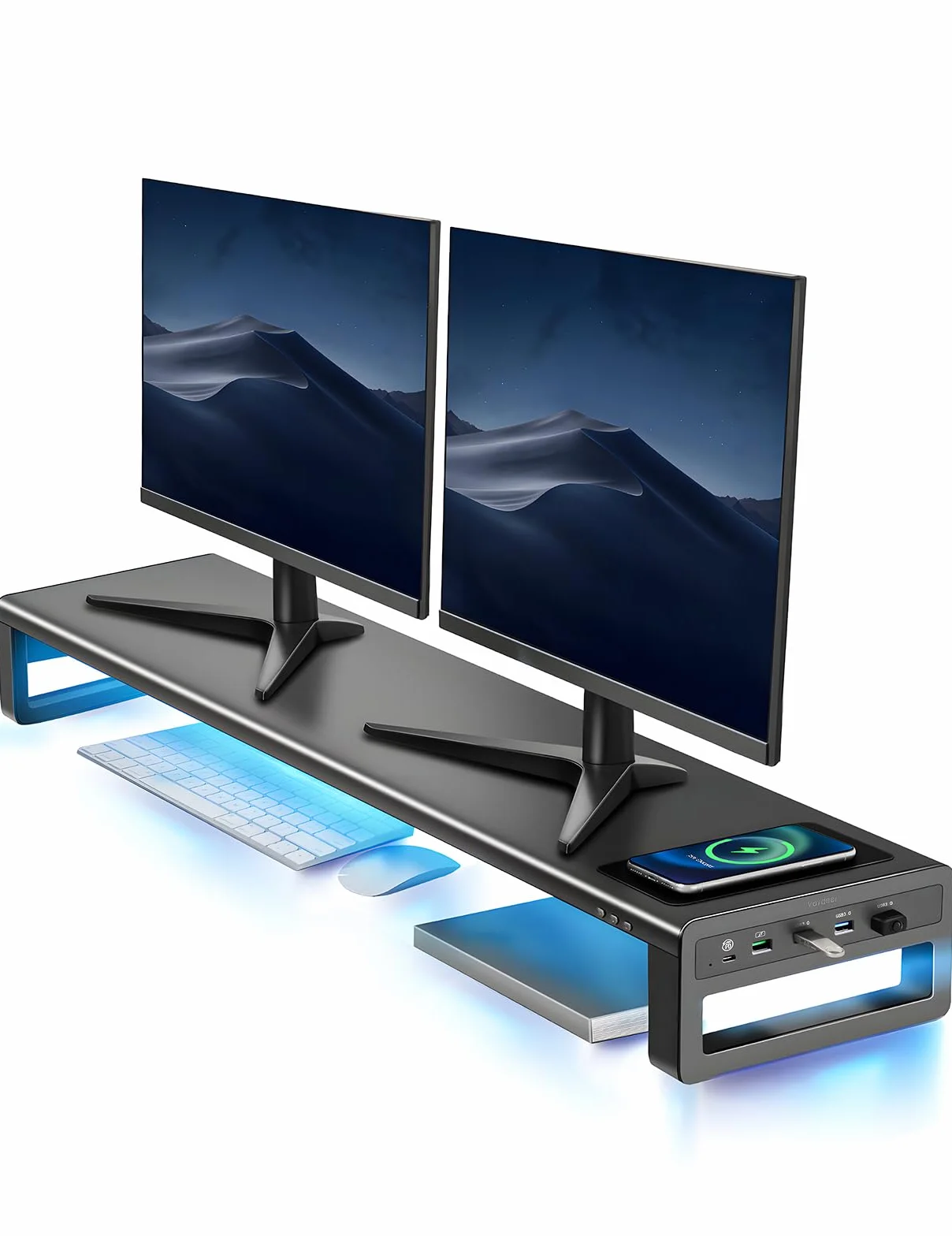 Vaydeer Dual-Monitor-Ständer mit kabelloser Aufladung und 4 USB-Hubs - Metallständer für 2 Monitore - Unterstützt bis zu 32 Zoll - für Computer, Laptop - Schwarz