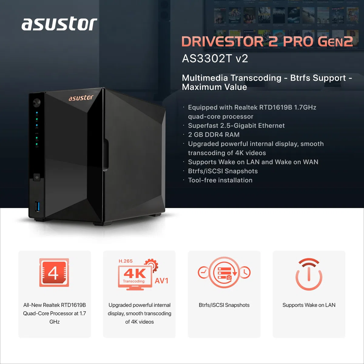 Asustor Drivestor 2 Pro Gen2 AS3302T v2, 2 Bay NAS Gehäuse Netzwerkspeicher, 1.7GHz Quad-Core, 2.5GbE Port, 2GB RAM DDR4, Network Attached Storage für Cloud Speicher (Diskless)