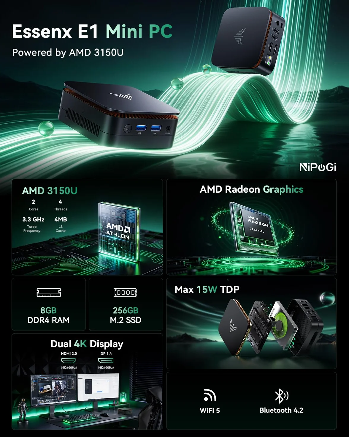 NiPoGi Essenx E1 Mini PC AΜD 3150U W-11 Pro(2C/4T, bis zu 3,3 GHz) 8GB DDR4 RAM+256GB SSD(bis zu 2 TB) 4K@60Hz Dual Display HDMI 2.0+DP 1.4/Wi-Fi 5/BT 4.2/LAN, Desktop-PC für Büro/Bildung/Multimedia