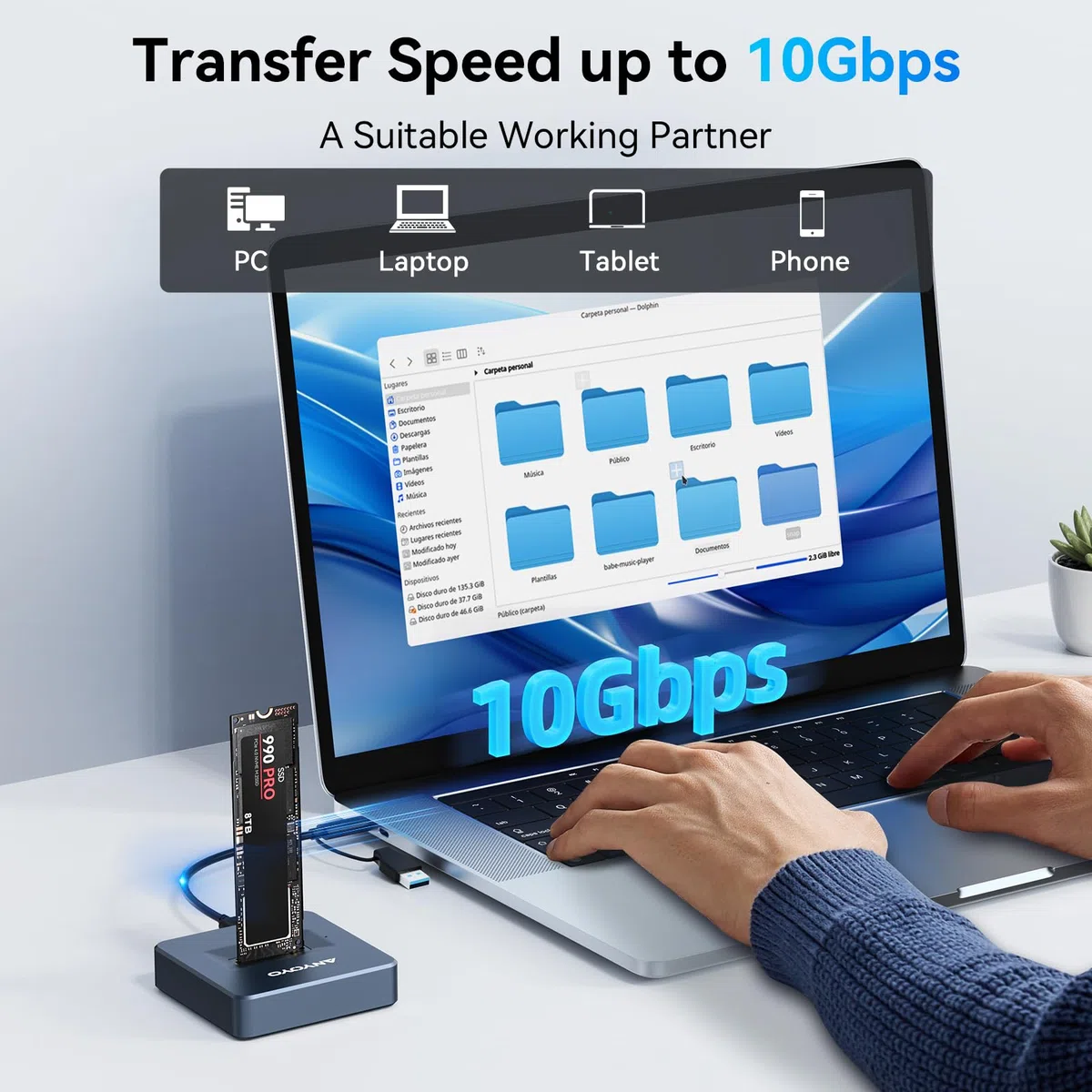 M.2 NVMe Docking Station, ANYOYO 10Gbps NVMe Dockingstation für M/B&M Key SSD, Werkzeuglos USB 3.2 Gen 2 NVMe Gehäuse USB C M.2 SSD Gehäuse für 2230 2242 2260 2280