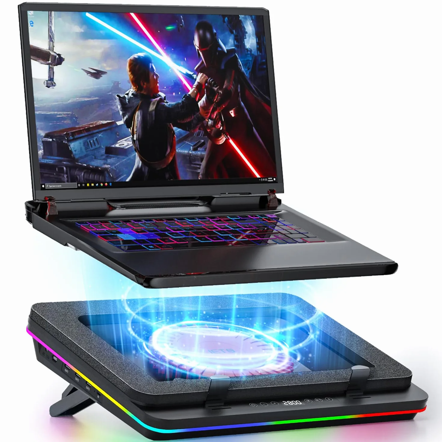 IETS GT600 RGB Laptop-Kühlpad mit 14CM Turbo-Lüfter, versiegeltem Schaumstoff für schnelle Kühlung von Gaming-Laptops, 14,1-19,3-Zoll-Laptop-Kühler mit 3-Port-USB-Hub und Staubfilter,Touch-Start