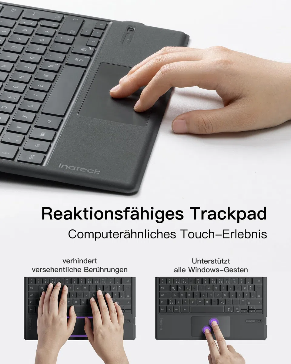 Inateck Surface Pro 7 Tastatur,Kompatibel mit Surface Pro 7/7+/6/5/4 mit Trackpad,Bluetooth 5.3, 7-Farbiger Hintergrund Beleuchtung,QWERTZ,KB02027