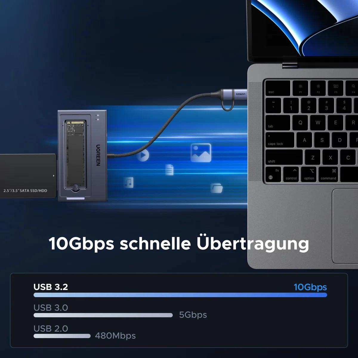 UGREEN 2 in 1 M.2 NVMe SATA USB Adapter, 10Gbps Festplatten Adapter für M.2 NVMe SSDs und 2,5/3,5 Zoll SATA HDD & SSD, Festplatten Dockingstation kompatibel mit Windows, MacOS, Linux(Werkzeuglos)