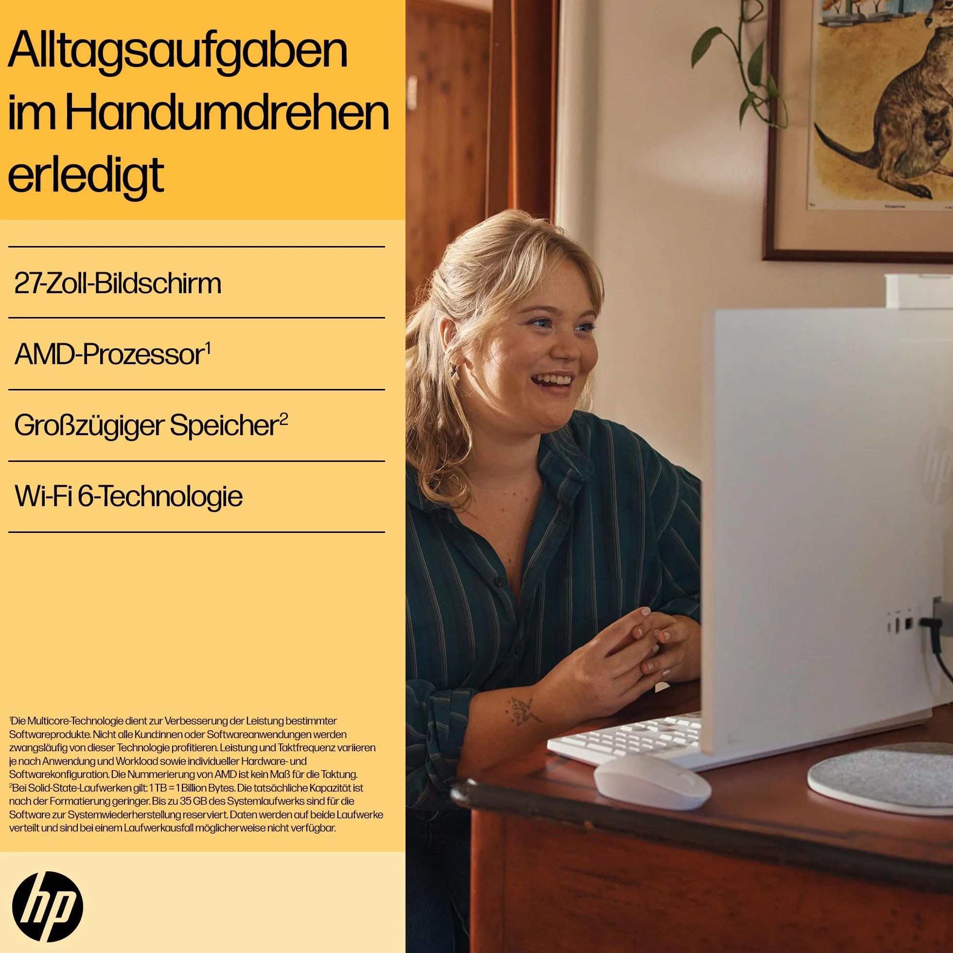 HP All-in-One Desktop-PC | 27" FHD Display | AMD Ryzen 5 7520U | 16 GB DDR5 RAM | 512 GB SSD | AMD Radeon-Grafikeinheit | Windows 11 Home | Weiß
