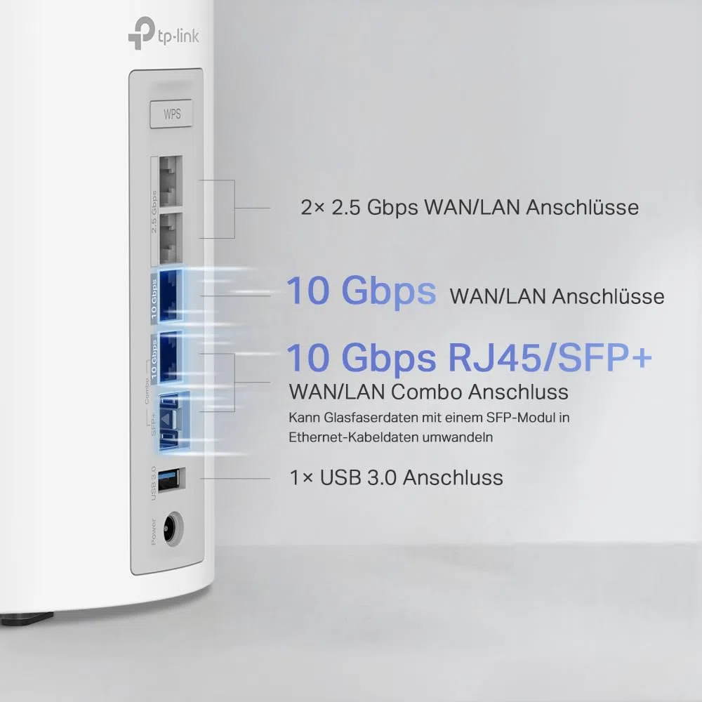 TP-Link Deco BE85 Wi-Fi 7 Mesh WLAN-Set, BE19000 Tri-Band-Router und Repeater (10 Gbit/s Ethernet/Glasfaser-Port, 19 Gbps Wi-Fi-Geschwindigkeit, WPA3, 320 MHz Kanäle, 6 GHz)