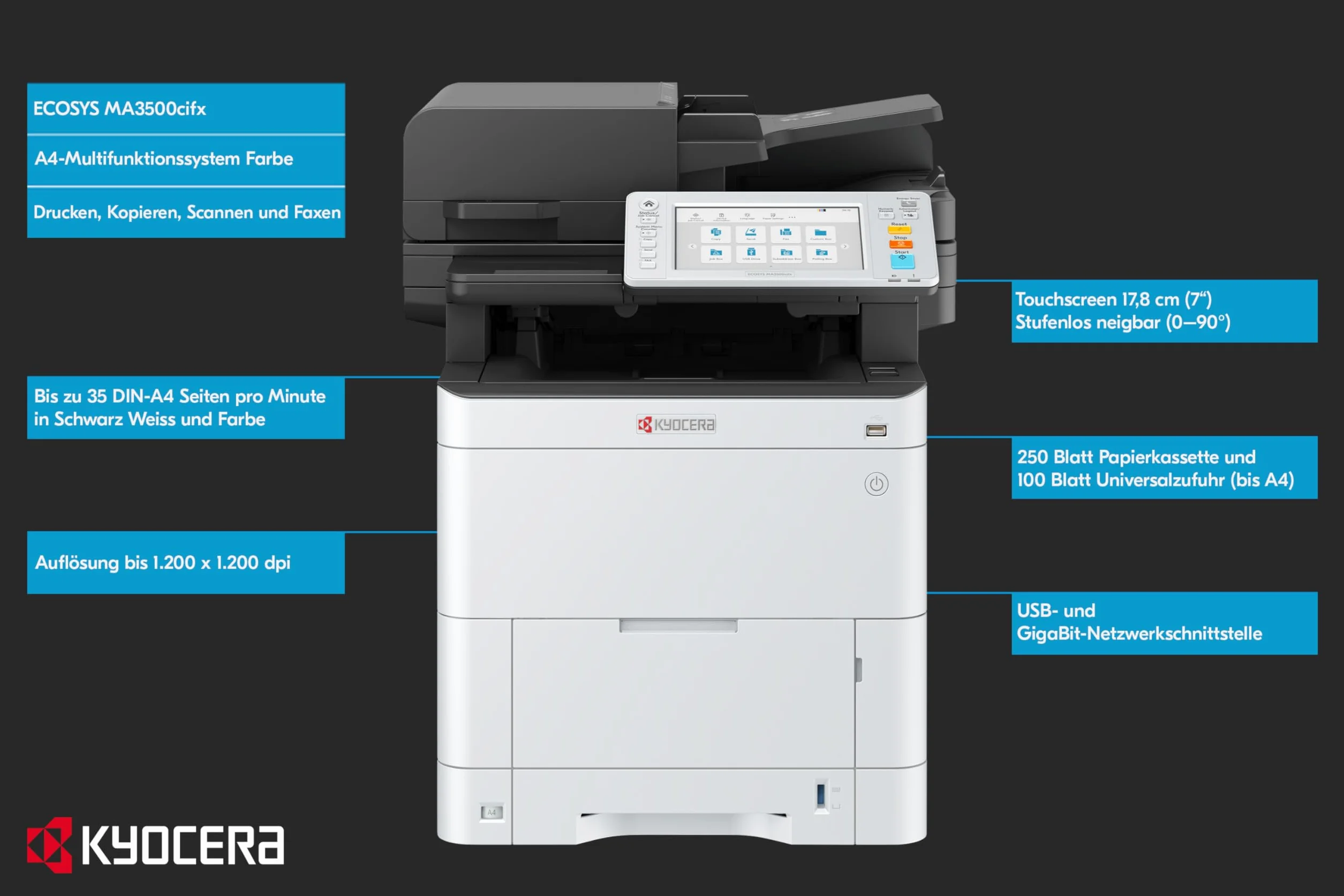 Kyocera Ecosys MA3500cifx Farblaserdrucker Multifunktionsgerät, Duplex, 35 Seiten pro Minute Drucker Scanner Kopierer, Faxen, Laserdrucker Multifunktionsgerät, Touchpanel, Gigabit LAN, Mobile Print