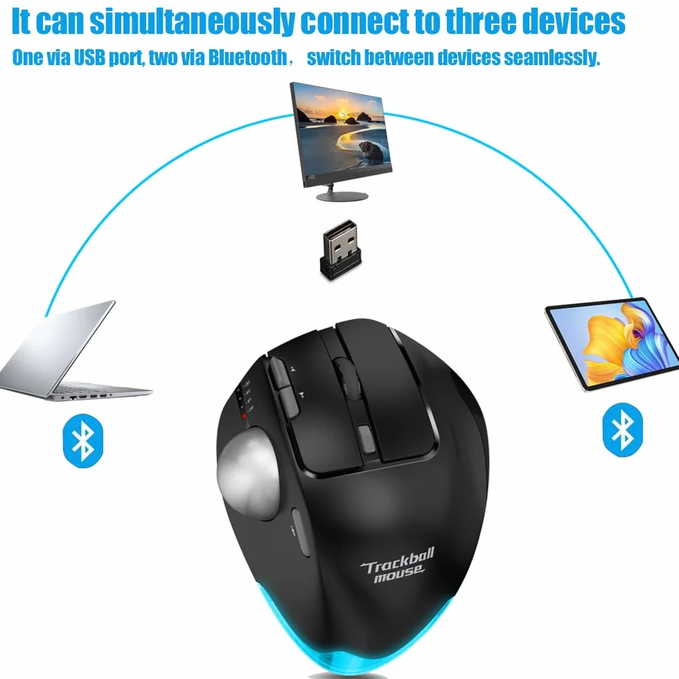 zelotes Trackball Maus Kabellos,Kabellose Bluetooth Maus,4800DPI,BT 5.0/3.0 + 2.4G,Daumenbedienung,Wiederaufladbar Ergonomische Funkmaus mit USB-Empfänger für Laptop,PC,Tablets,Schwarz