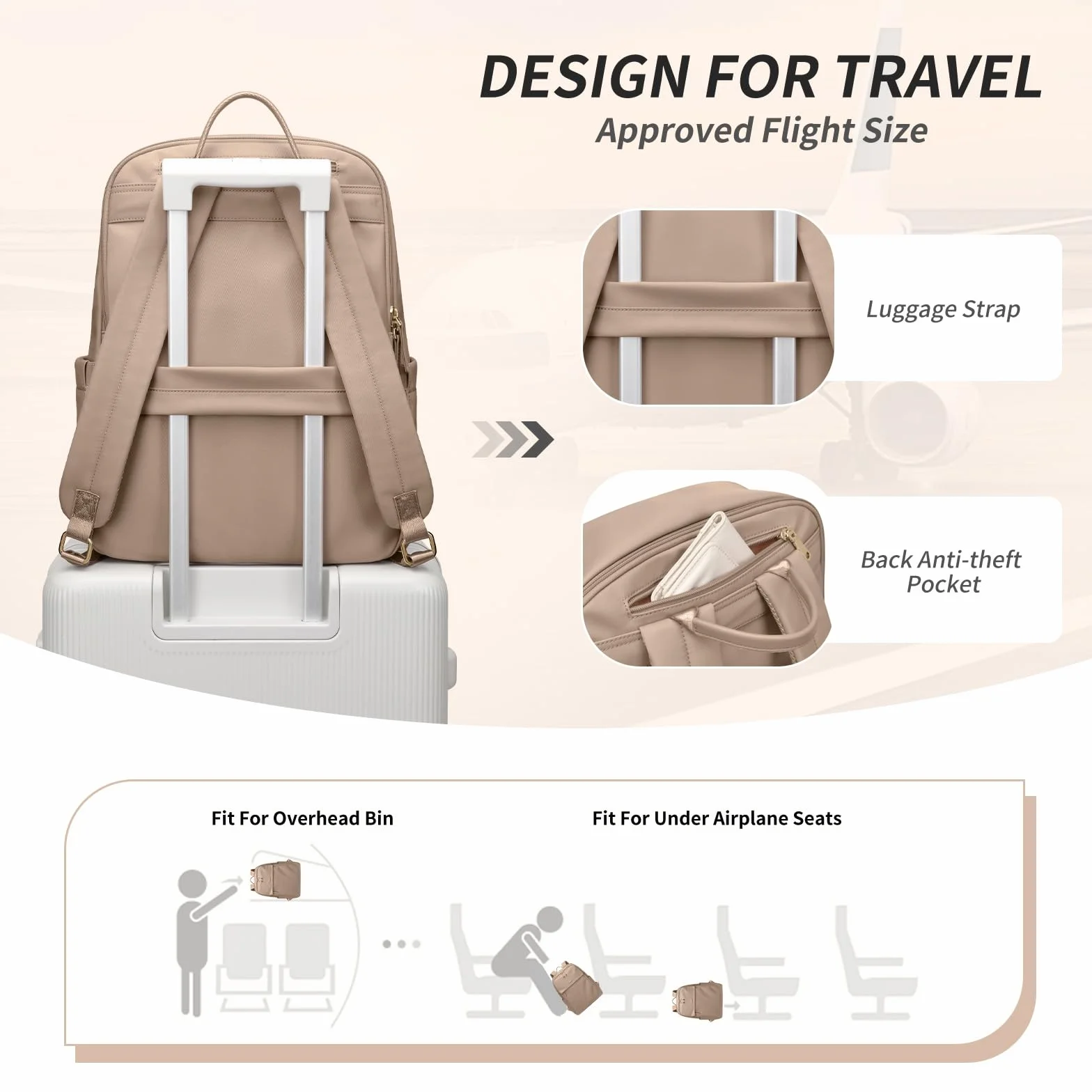 GOLF SUPAGS Frauen Rucksack Casual Daypack für Arbeit Reisen Hochschulen Rucksack Geldbörse Fits 14 Zoll Notebook (Champagnerfarben)