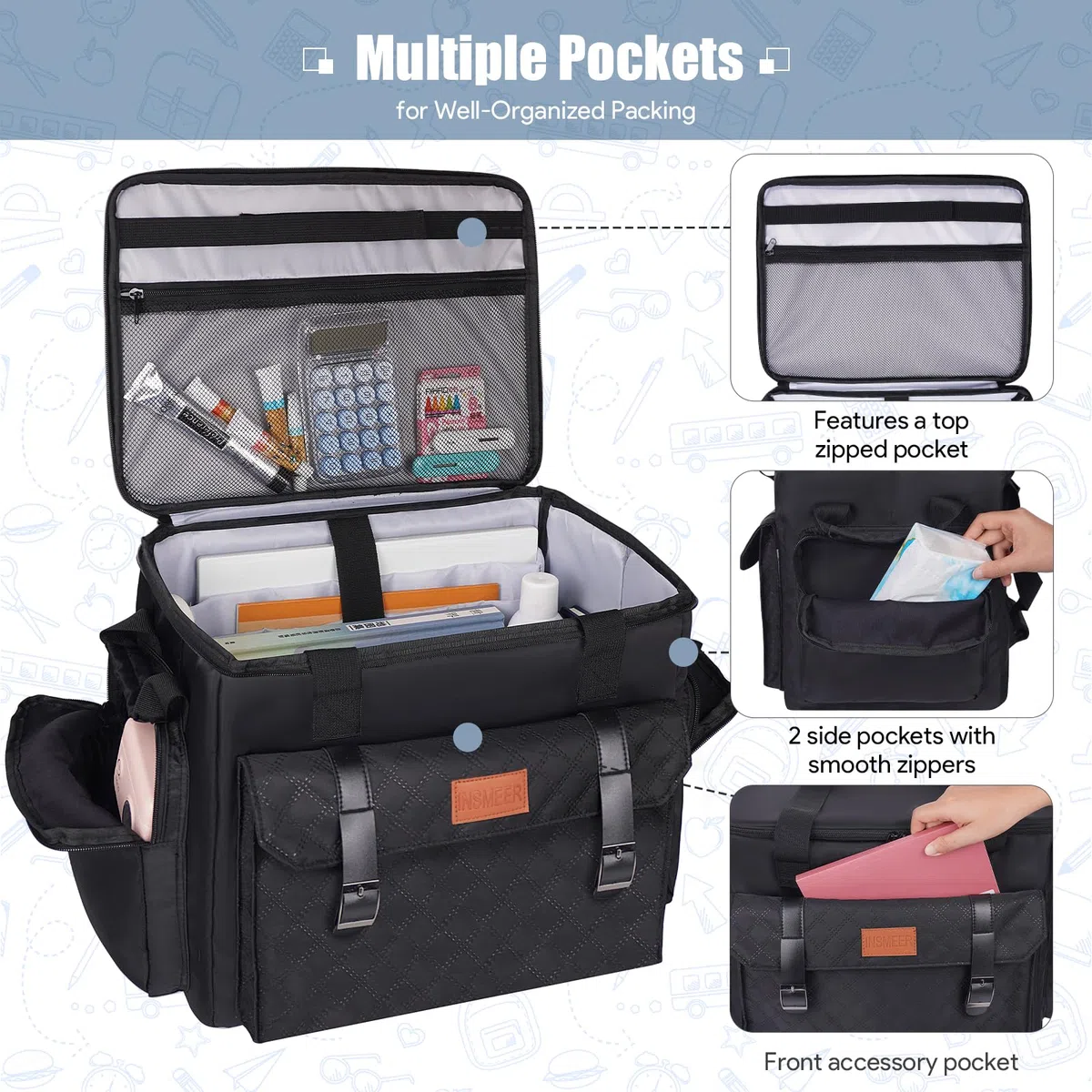 INSMEER Rolltasche für Lehrer mit Fach für 15,6-Zoll-Laptop, Rolltaschen für Lehrer mit Rollen für den Unterricht mit zusätzlicher Lunch-Tasche, tragbare 3-in-1-Rolltasche für Bastelbedarf