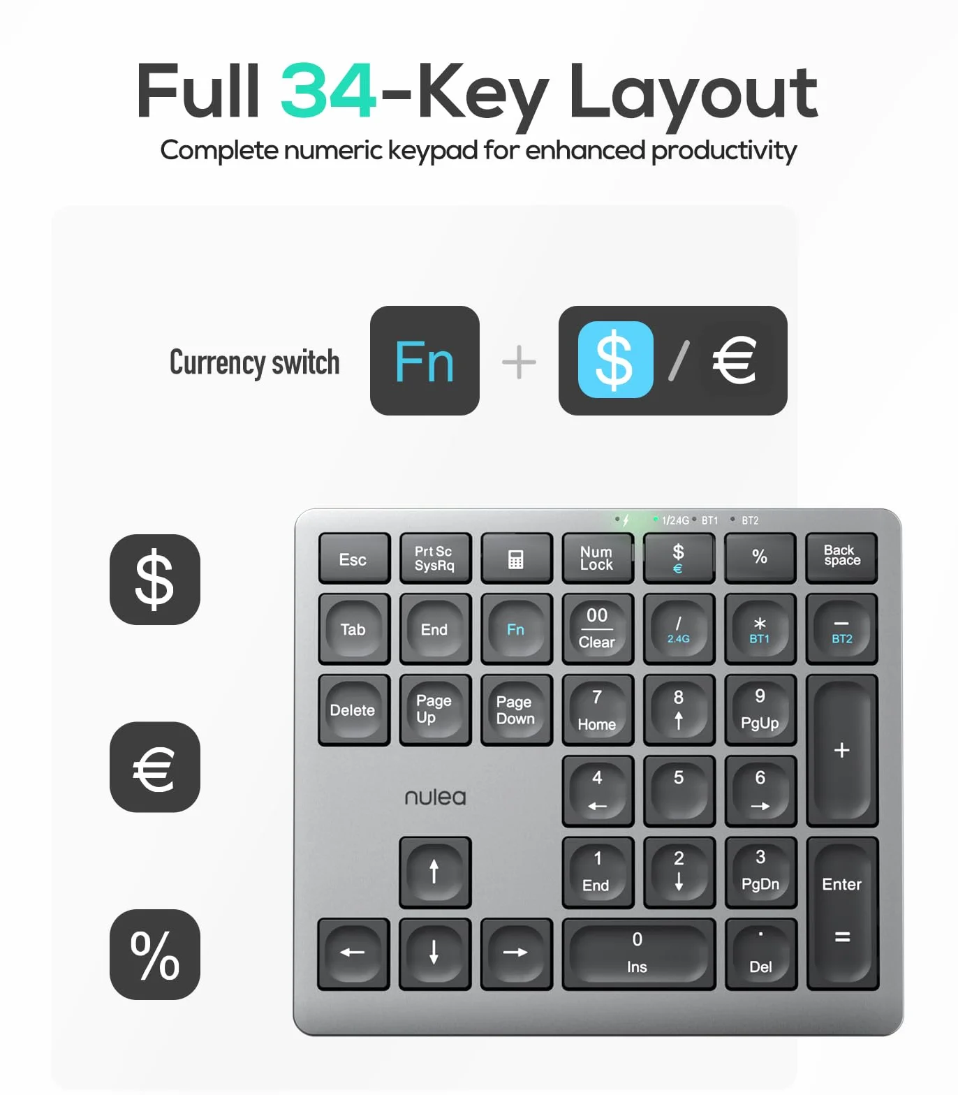 Nulea Kabelloses tragbares Ziffernblatt mit Bluetooth 5.0, wiederaufladbar über USB-C, 34-Tasten-Bluetooth-Tastatur zur Dateneingabe, kompatibel mit Laptop, Mac, iMac, Tablet, PC-Desktop