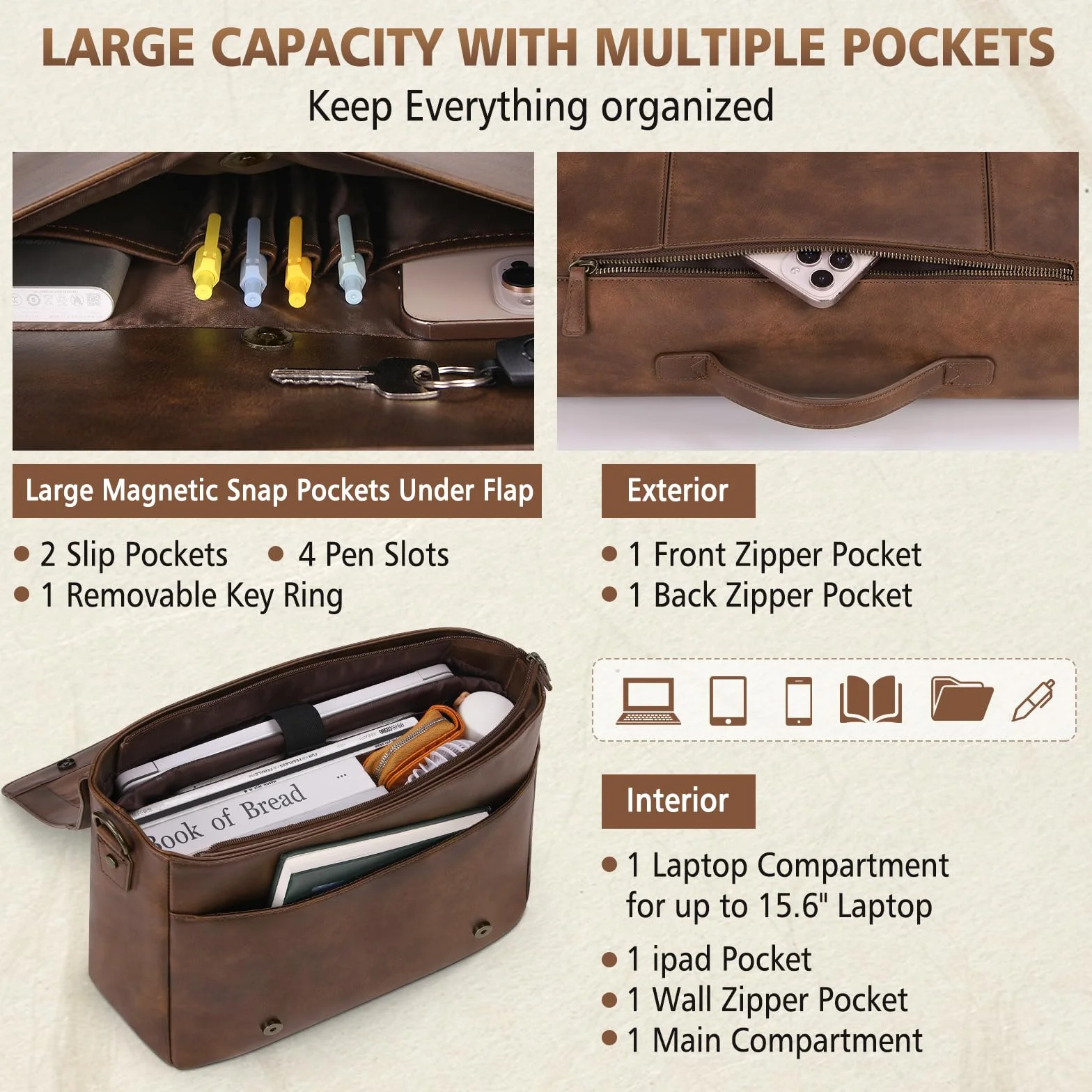 RAINSMORE Aktentasche Herren PU Leder Wasserdichte Umhängetasche Laptoptasche 15,6 Zoll Vintage Groß Arbeitstasche Messenger Bag Schultertasche für Arbeit Büro Uni Schule