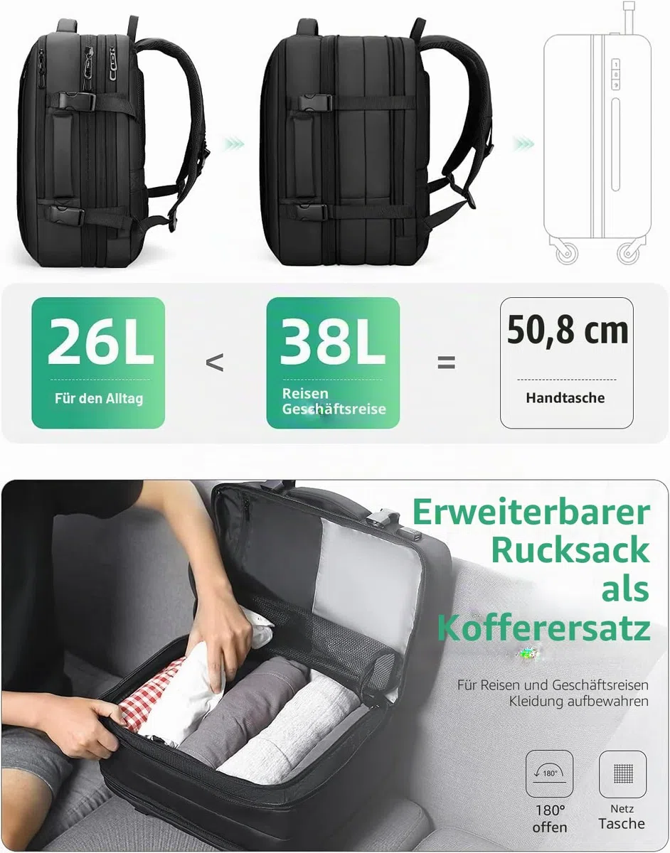 MARK RYDEN Erweiterbarer 26L-38L Rucksack,Business Herren, Laptop-Tasche 17 Zoll,Hydrophobe Stoffe, Diebstahlsicher, Fluggeprüfter, Handgepäck