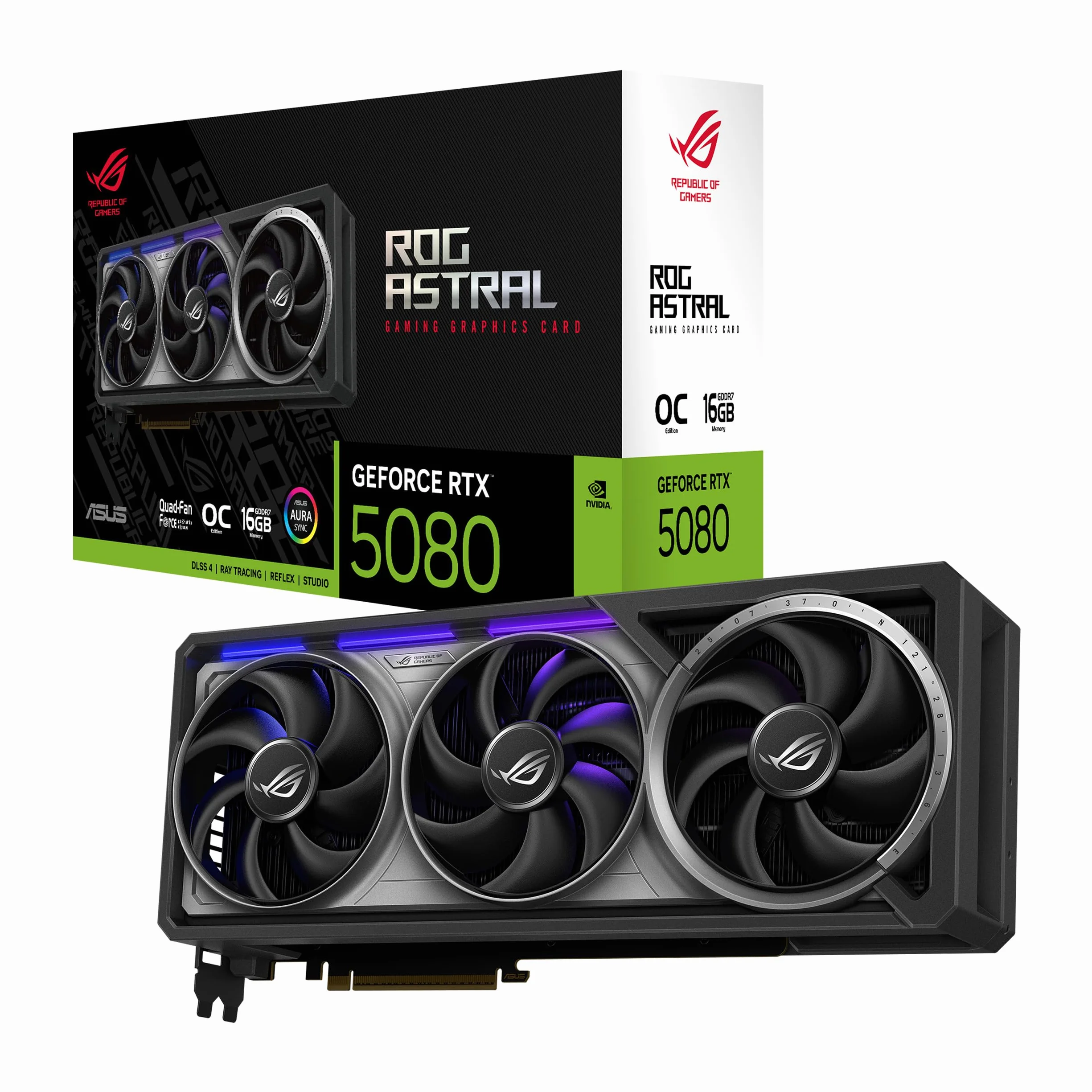ASUS ROG Astral GeForce RTX 5080 16GB GDDR7 OC Edition Gaming Grafikkarte (Nvidia GeForce RTX5080, Vier Lüfter, 3.8-Slot-Design, PCIe 5.0, 2X HDMI 2.1b, 3X DisplayPort 2.1a)