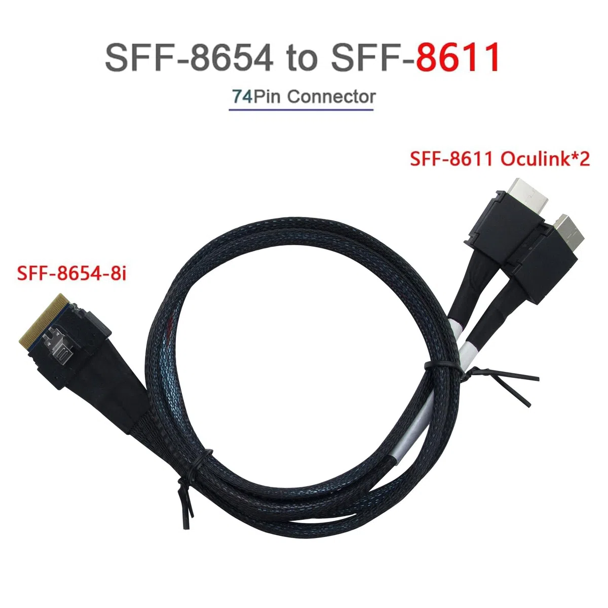 SlimSAS(SFF-8654 8i,74pin) to 2x Oculink(SFF-8611,38pin), PCIe4.0 Gen4 cable assembly, 85-Ohm, 1m (3.28ft)