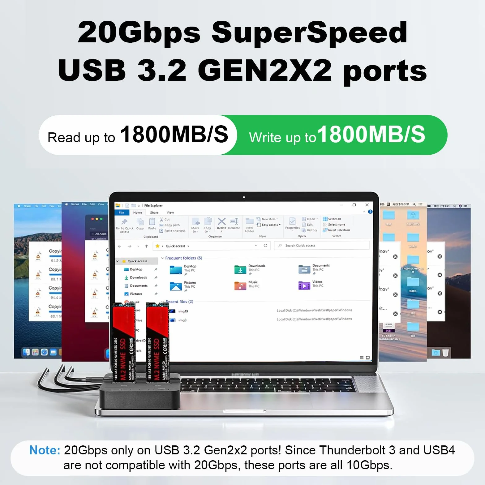 Festplatten Docking Station Dual Bay NVMe M.2 SSD Gehäuse 20Gbps USB 3.2 Gen 2x2 mit Offline Klonen, Werkzeuglose M.2 NVMe SSD Adapter Dockingstation für M Key/B+M Key SSDs
