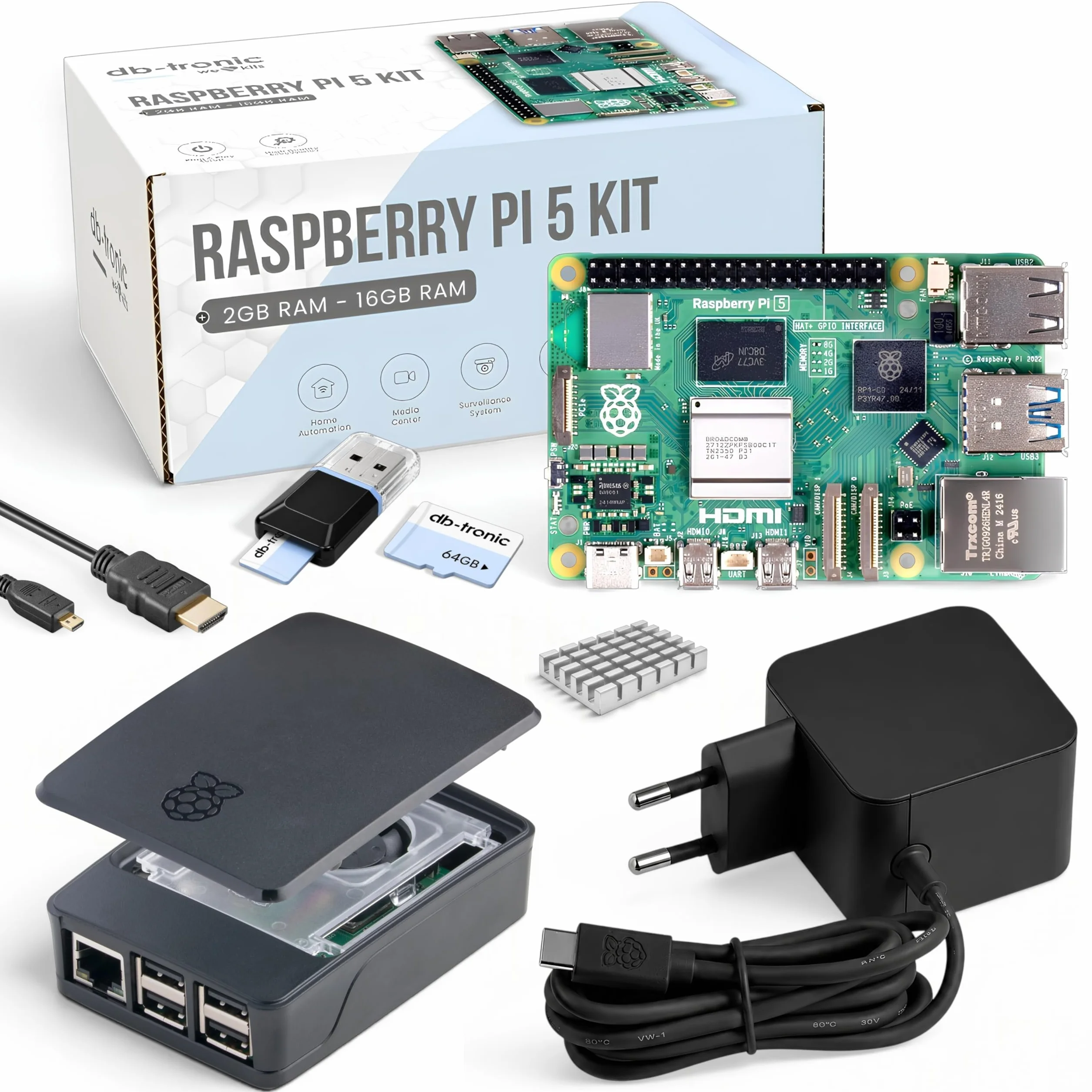 Raspberry Pi 5 8GB Starter Set 64GB Black Edition 27W Netzteil Gehäuse mit Lüfter 4K Micro HDMI Kabel