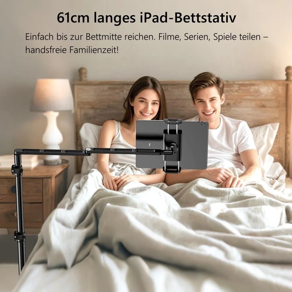 elitehood Verstellbarer iPad Bodenständer mit Schwerlast-Standfuß, 61 cm Horizontaler Langer Arm Tablet Ständer Halterung für Bett & Sofa – Kompatibel mit iPad mini/Air/Pro 12.9" und 4.7-13" Geräten