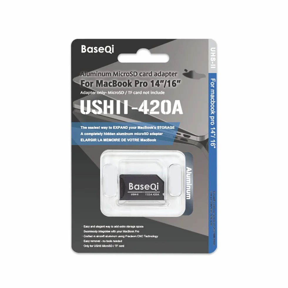 BaseQi UHS-II Aluminium microSD Adapter für 2021 M1 MacBook Pro 14 & 16 Zoll Silber