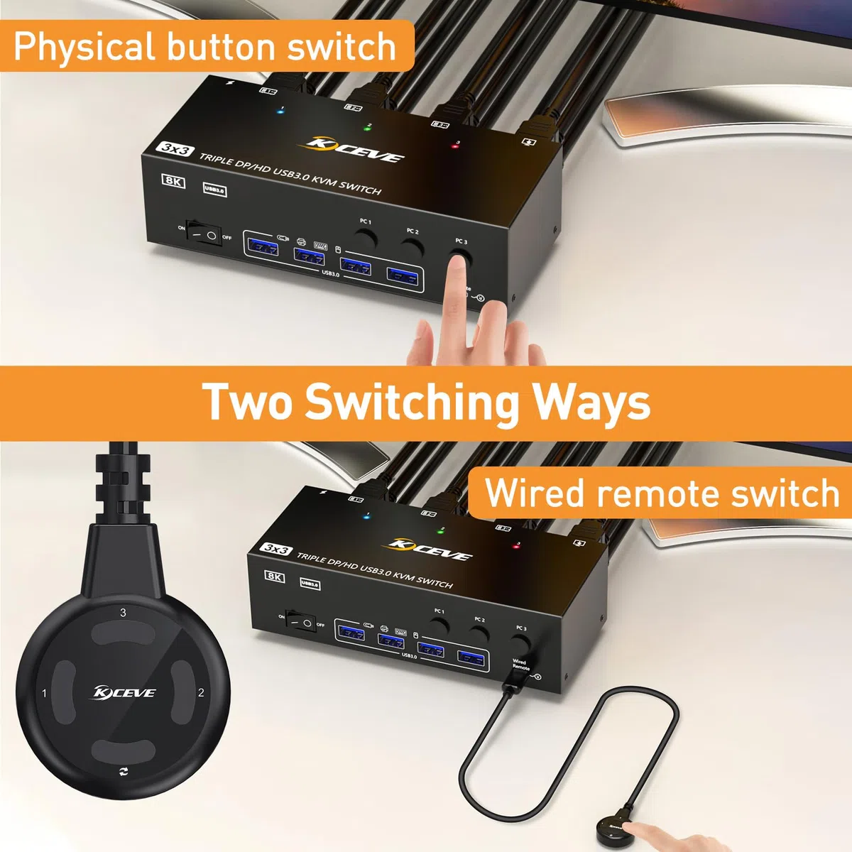 KVM Switch 3 Monitore 3 PC, Displayport HDMI USB 3.0 KVM-Umschalter Dreifachanzeige, unterstützt 4K@60 Hz für 3 Computer