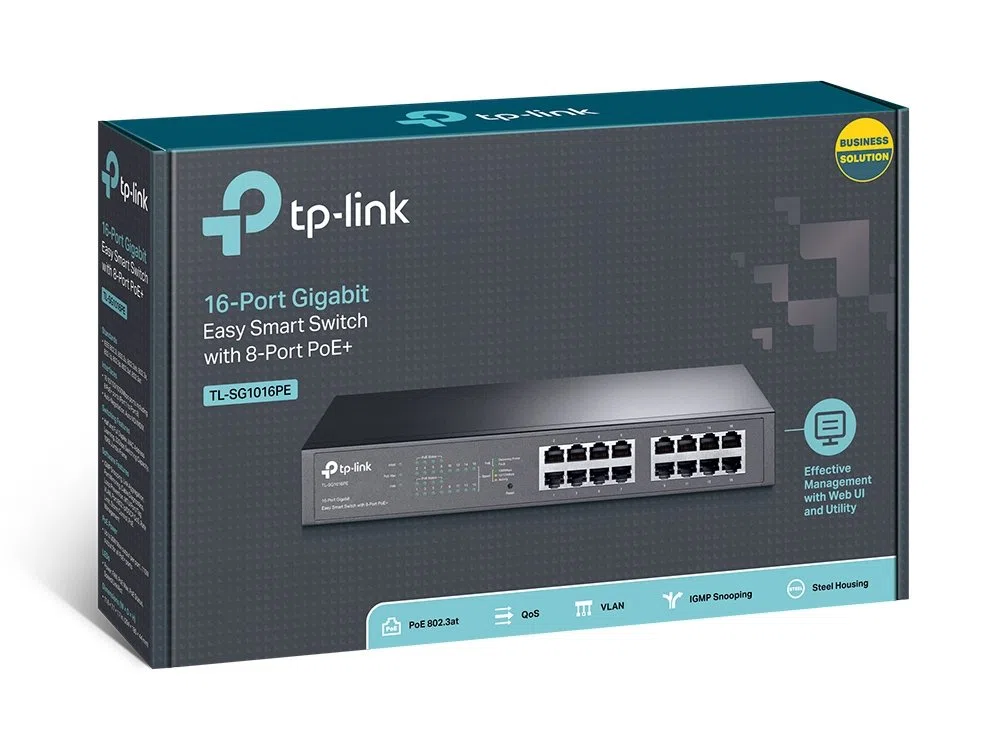 TP-Link TL-SG1016PE 16-Port Gigabit Easy Smart Switch mit 8-Port PoE+, bis zu 30 W pro Port und 150 W insgesamt, geschirmte RJ-45-Ports, 802.3af/at, Plug and Play, mit Lüfter