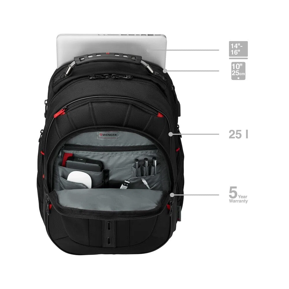 WENGER Pegasus Deluxe Laptop-Rucksack, Notebook 14 bis 16 Zoll, Tablet bis 10 Zoll, 25 l, Damen Herren, Business Uni Schule Reisen, Schwarz, 606492