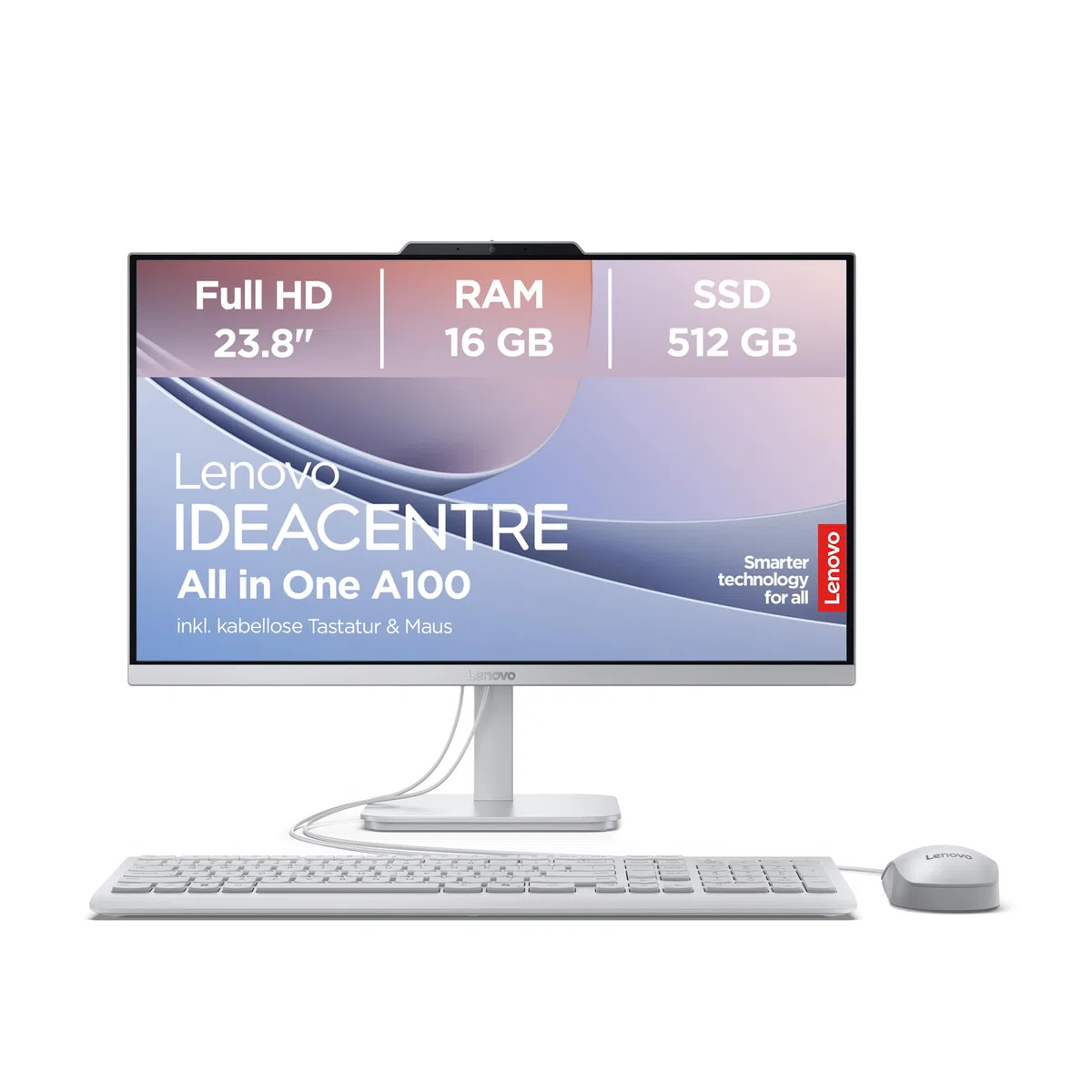 Lenovo All in One A100 PC | 23.8" Full HD Display | Intel Core i3-N305 | 16GB RAM | 512GB SSD | Intel UHD Grafik | Win11 Home | QWERTZ | grau | inkl. kabellose Tastatur & Maus | 3 Monate Premium Care