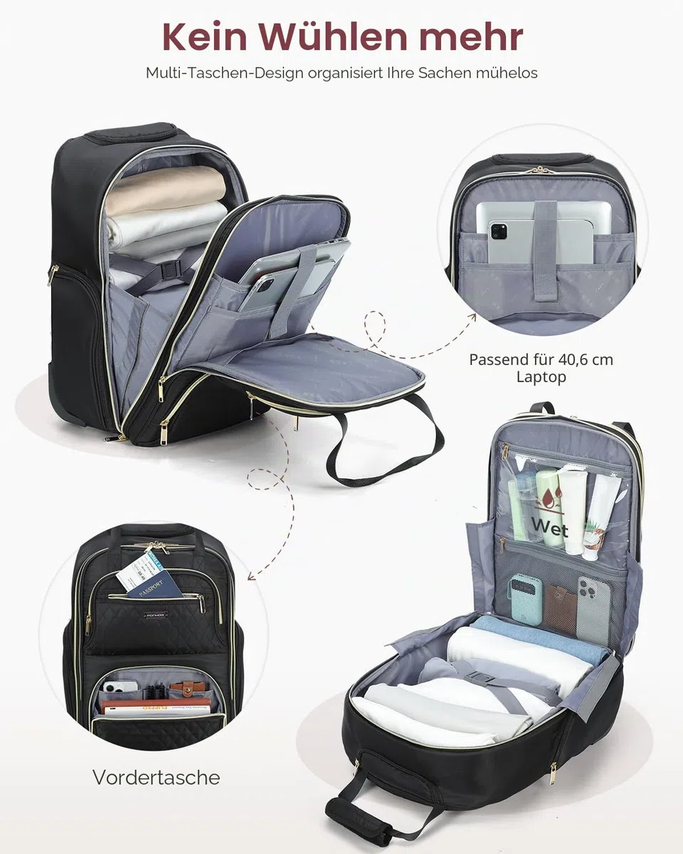 Ponhog Rucksack mit Rollen für Damen - 16 Zoll Business Laptop Trolley & Reiserucksack als Handgepäck, Laptoptasche für Arbeit, College und Reisen, Schwarz