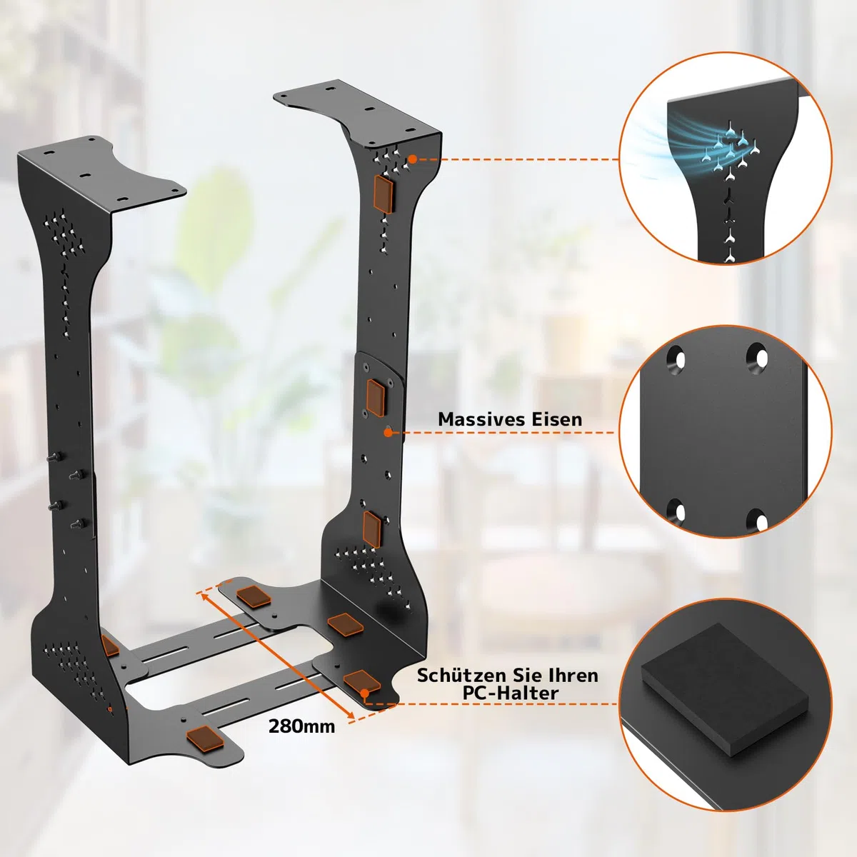 PUTORSEN PC Halterung unter Schreibtisch, Maximale Breite bis zu 340 mm, bis zu 35 kg Tragfähigkeit, PC Untertisch Halterung mit Schutzpolster, Heavy Duty Computergehäuse,Schwarz