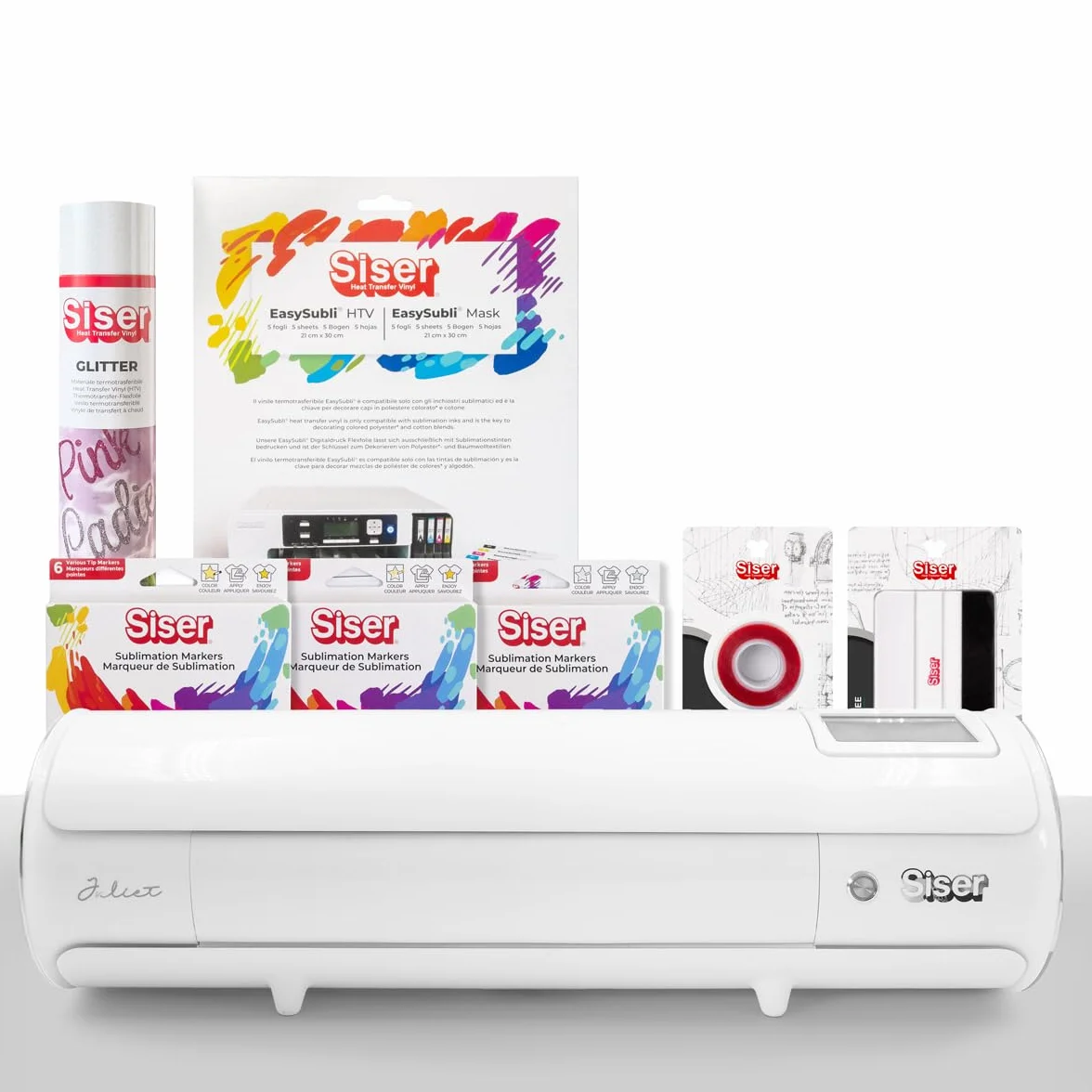 Siser Juliet® Subli Paket – Professioneller Schneideplotter, EasySubli® Thermovinyl, Subli-Stifte, Glitter Thermovinyl, Thermofixierband, Inklusive Zubehör