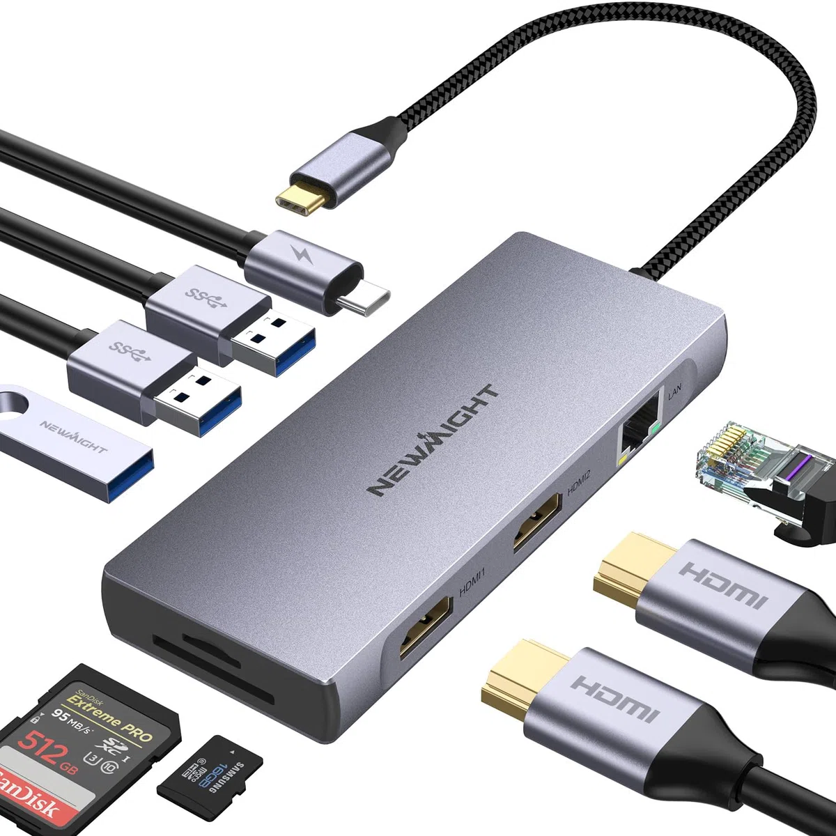 Laptop Docking Station Dual Monitor, Newmight Dual HDIM Adapter für 2 Monitore mit 2 HDIM 4K, 1 Gbps Ethernet, PD 100W Aufladen, 3 USB 3.0, SD/TF Reader, USB C Docking Station für HP/Dell