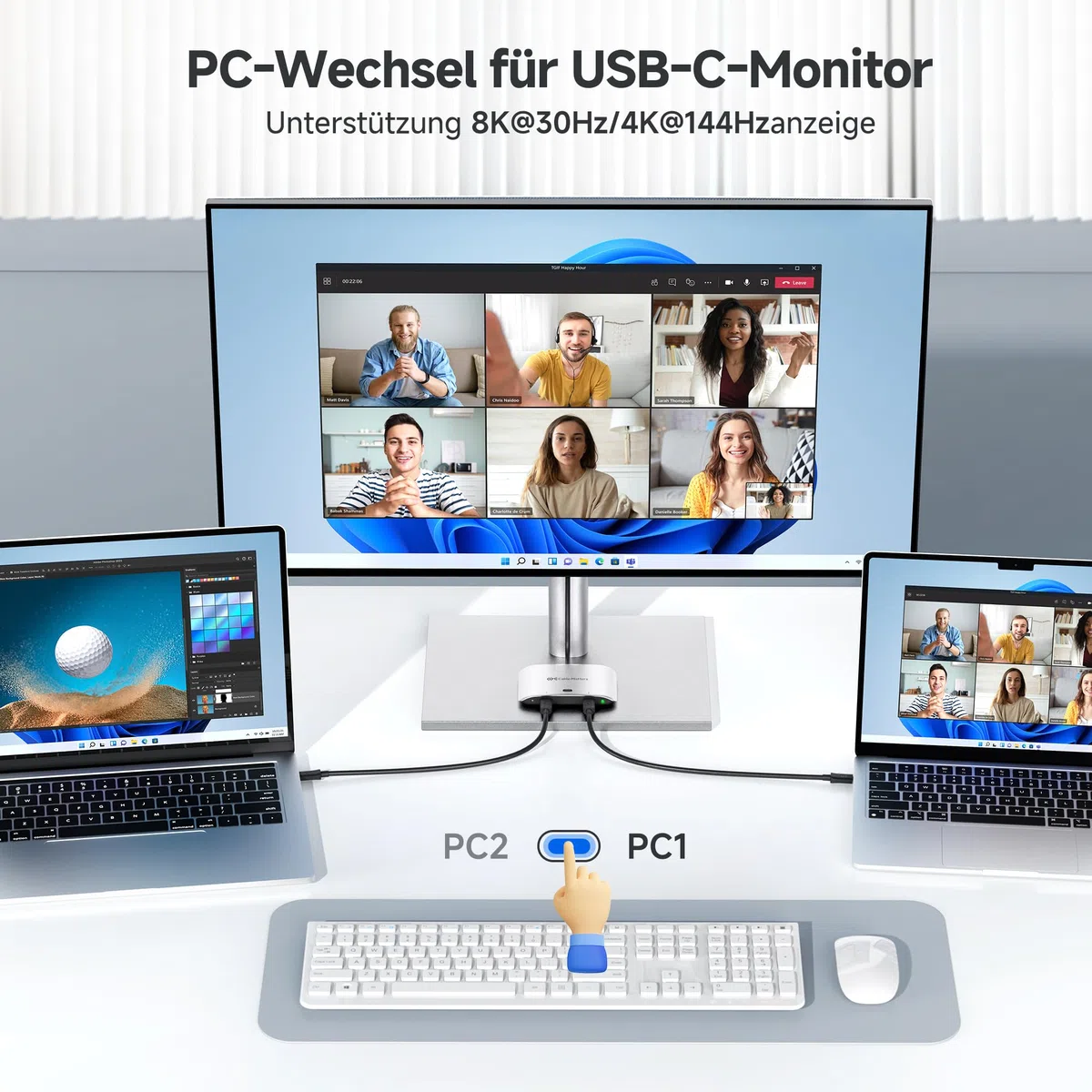 Cable Matters 20G USB C Switch für 2 Computer, 140W PD, bis zu 8K@30Hz unter Windows, 4K@60Hz unter macOS, Nutzung eines Thunderbolt 4 Monitors/Docks (Nicht für Docks mit angeschlossenem Kabel)