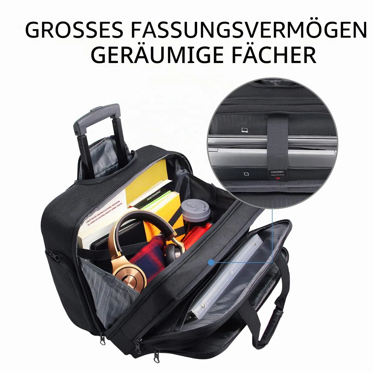 KROSER Trolley Business, Handgepäck Koffer, Rolling Case mit Rädern Bis zu 17,3 Zoll Laptop wasserdichte Übernacht-Rolltasche mit RFID-Taschen für Reisen/Schule/Männer/Frauen-Schwarz MEHRWEG