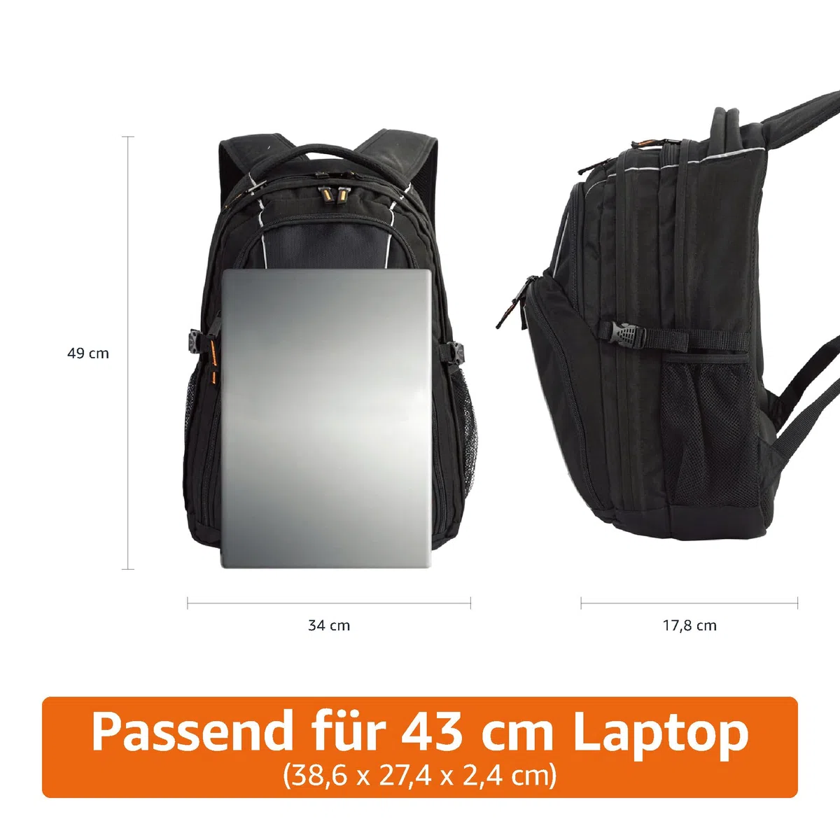 Amazon Basics Laptop-Rucksack mit gepolsterten Schulterriemen und Aufbewahrungsfächern für Stifte, Schlüssel, Handy, geeignet für die meisten Laptops bis zu, 43.2cm, Schwarz