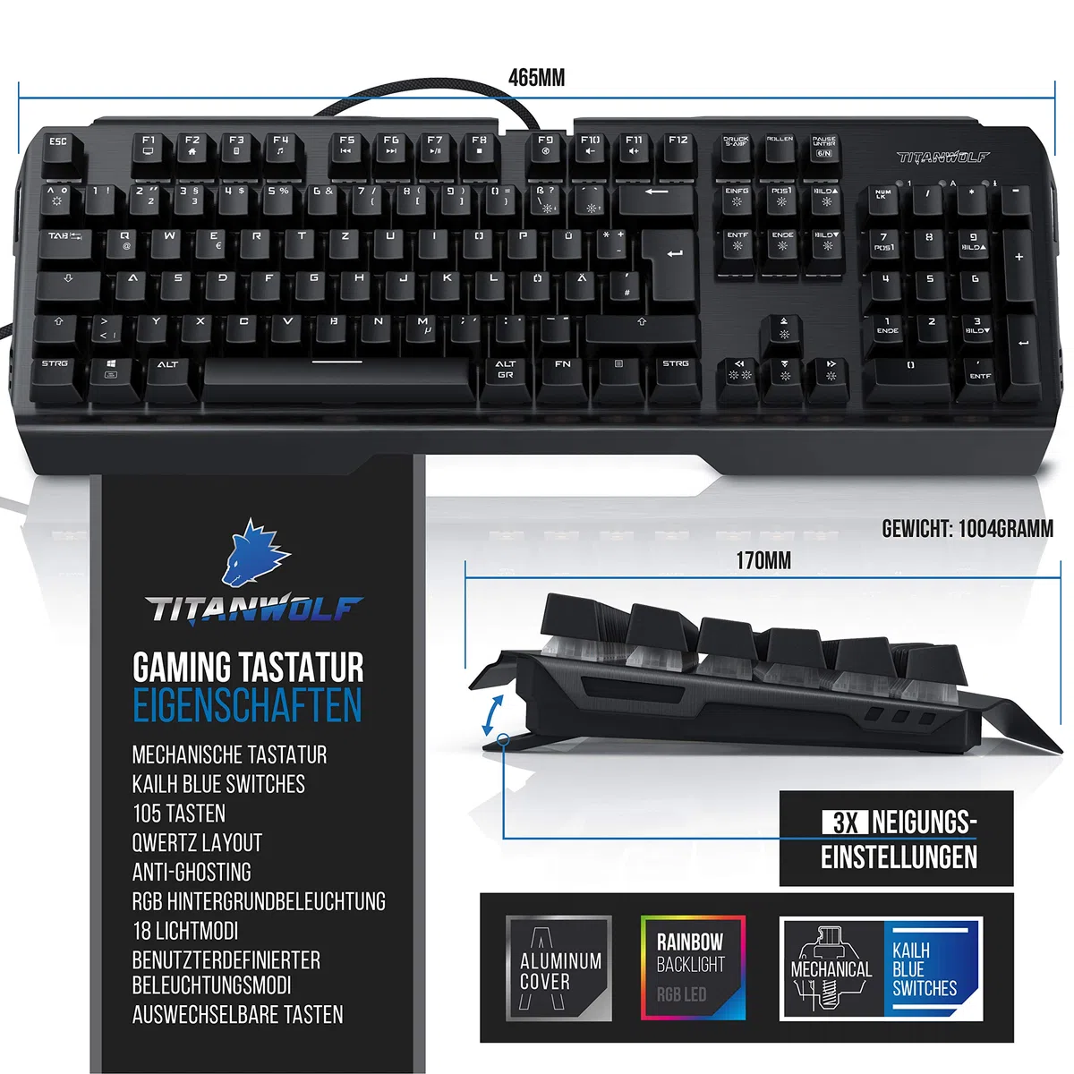 TITANWOLF Gaming Set - mechanische Tastatur ALUMAR MMO 10800dpi Gaming Maus Specialist XXL Mauspad - Mechanical Keyboard - Anti-Ghosting - LED Backlight - 19 Lichtmodi - Makro-Modus