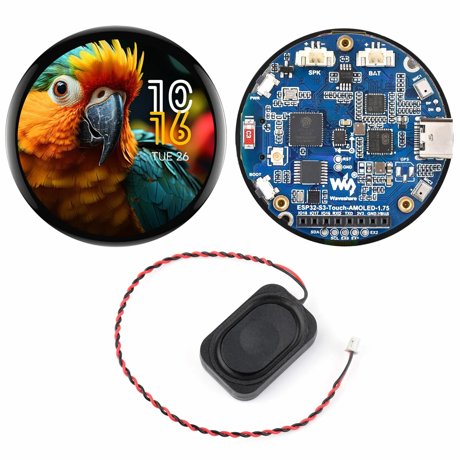 Waveshare ESP32-S3 1.75inch AMOLED Round Touch Display Development Board(Without Case & GPS), 32-Bit LX7 2-Core Processor, 466x466, QSPI Interface, Dual Digital Microphones Array, ESP32 with Display