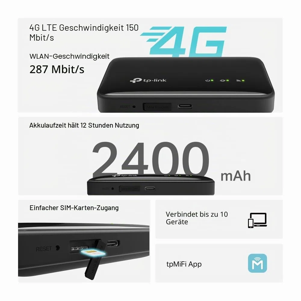TP-Link M7005 Mobiler 4G LTE WLAN Router Wi-Fi 6 AX300, bis zu 150 Mbit/s Download & 50 Mbit/s Upload, verbindet bis zu 10 Geräte gleichzeitig, kompatibel mit den meisten Mobilfunknetzen
