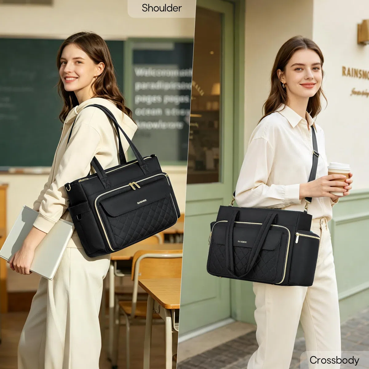 RAINSMORE Lehrertasche Damen Groß Laptoptasche, 15,6 Zoll, Schwarz | Arbeitstasche Isolierfach und Groß Getränkehalter, 3 Fächer, Abnehmbarer Schultergurt, Für Büro Uni Reisen