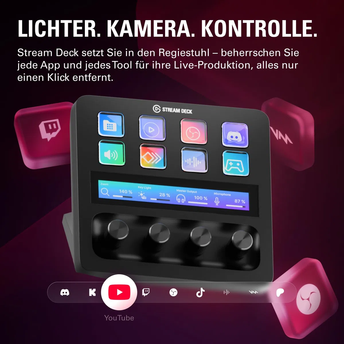 Elgato Stream Deck +, Audiomixer, Live-Produktion und Studio-Controller für Content Creators, Streaming, Gaming, mit anpassbarer Touch-Leiste, Drehreglern und LCD-Tasten, für Mac und PC