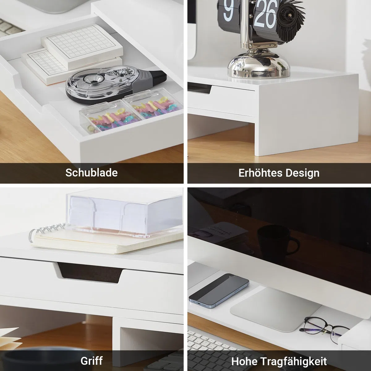 SoBuy Breitenverstellbarer Monitorständer mit 2 Schubladen, Schreibtisch Organizer, Bildschirmständer für 2 Monitore, Monitorerhöhung für Schreibtisch, Büro Organizer, Weiß, 60–107x11x22cm BBF04-W
