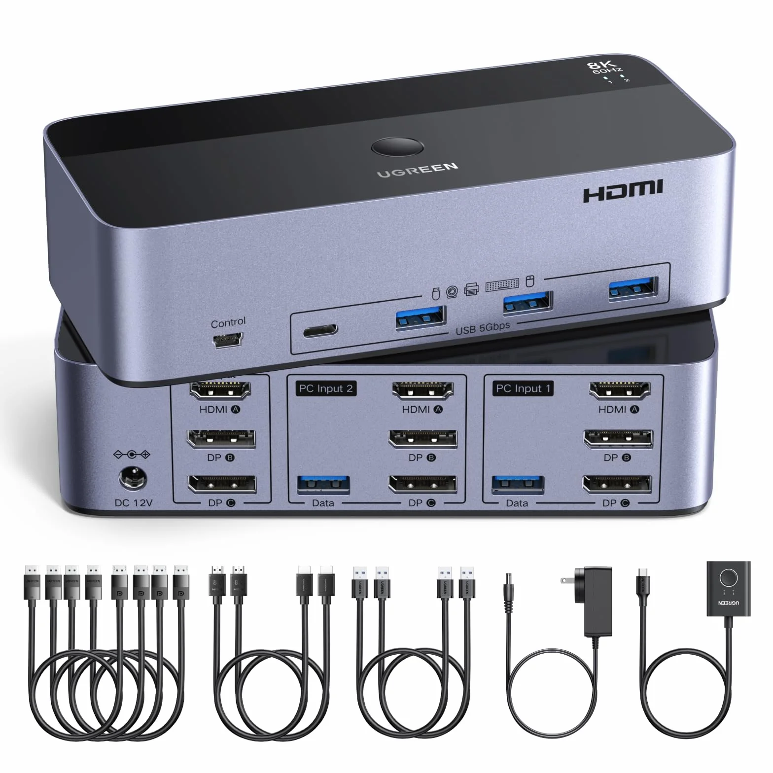 UGREEN HDMI+Displayport KVM Switch 2 PC 3 Monitore 8K60Hz mit 4 USB 3.0 Ports, Tasten- und Desktop-Controller Umschaltung Kompatibel mit Windows/Linux usw.