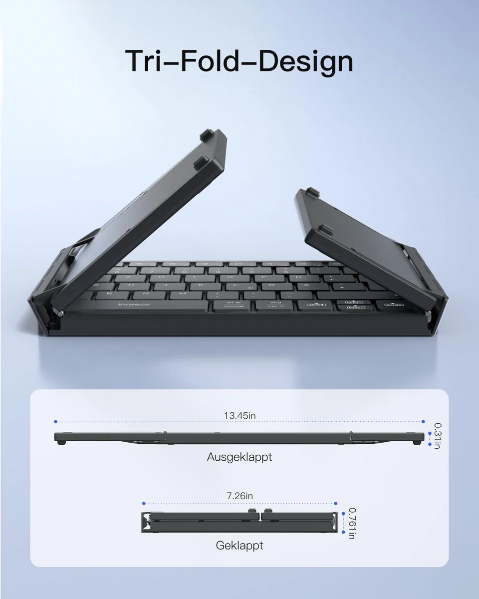 Inateck Faltbare Mini Tastatur, KI-Funktion mit Touchpad,3 Bluetooth-Kanälen, kompatibel mit iPadOS Android, Windows, QWERTZ, KB604