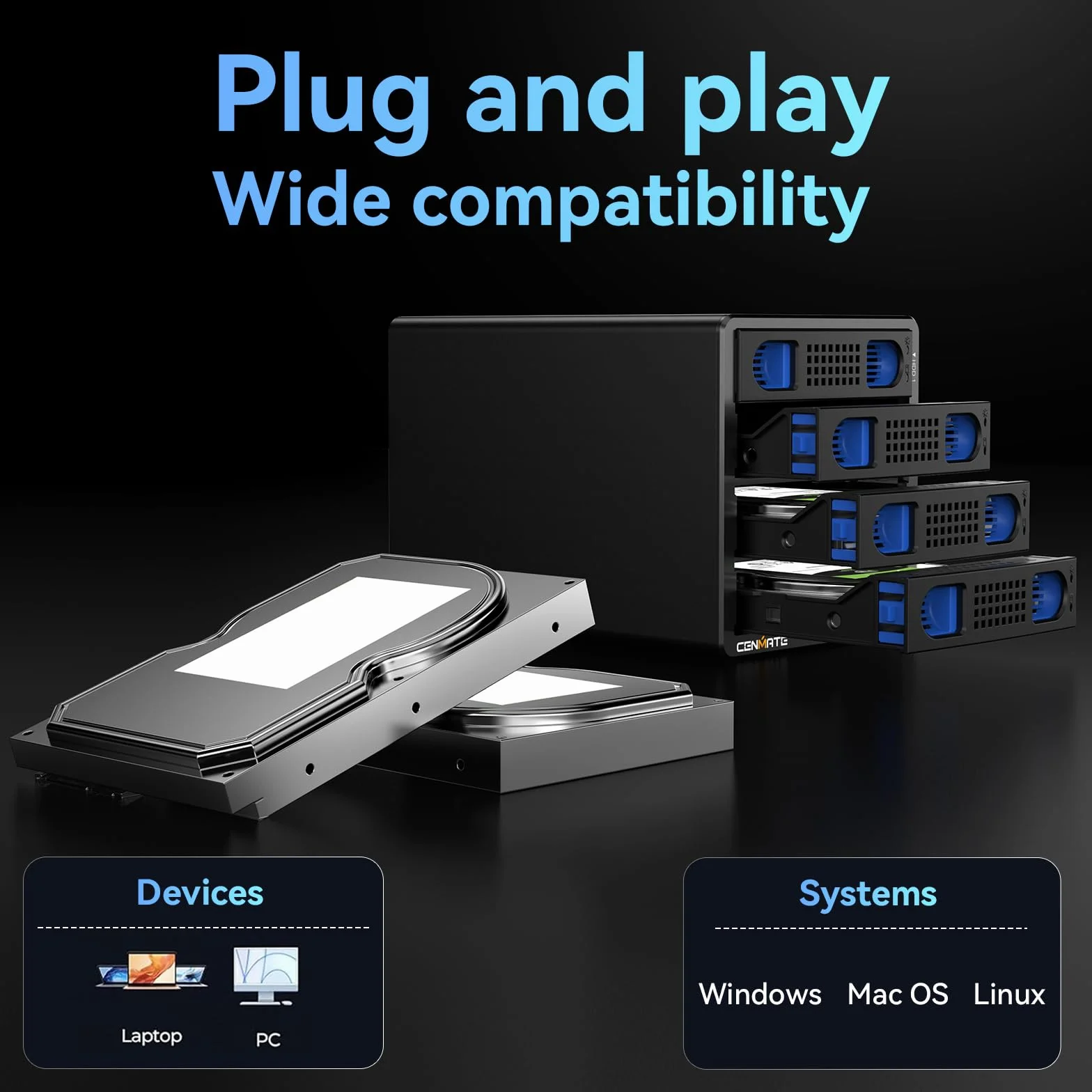 Festplattengehäuse, 10Gbps Aluminium 4 Bay Gehäuse mit Kühllüfter für 2.5/3.5 SATA HDD/SSD mit USB A/C 3.2, unterstützt Hot Swappable, werkzeugfrei HDD Gehäuse, DAS(NO RAID/NAS)