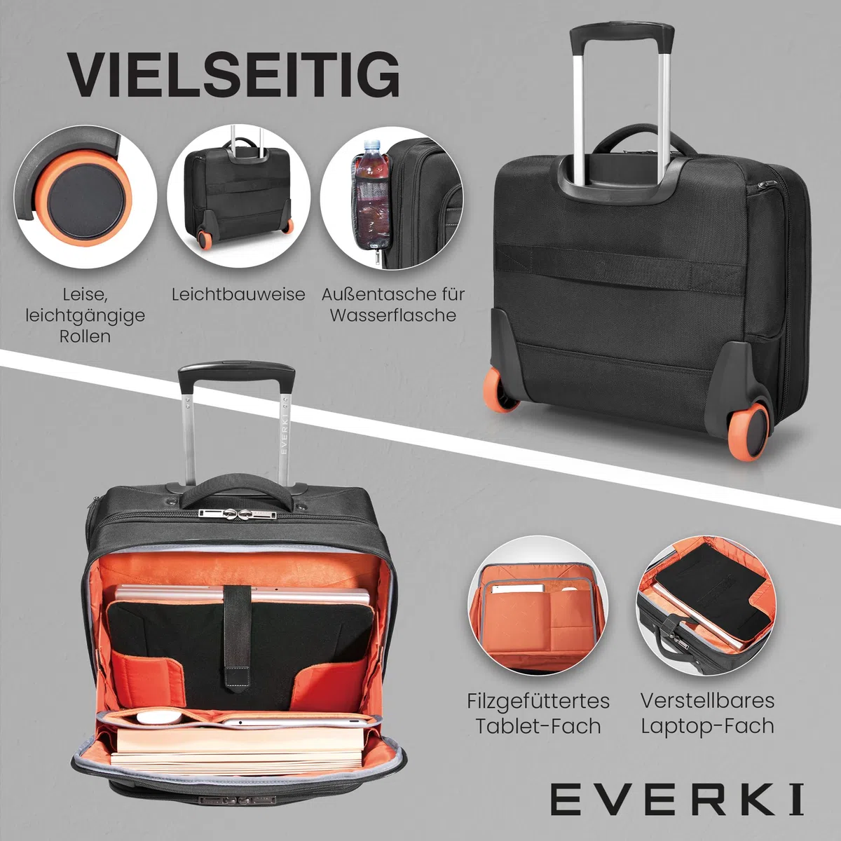Everki Journey Laptop-Trolley 24 L für 16 Zoll – Business-Aktentasche mit Rollen, reisefreundliche Handgepäck-Laptoptasche und leichte Bürotasche – schwarz (EKB440)