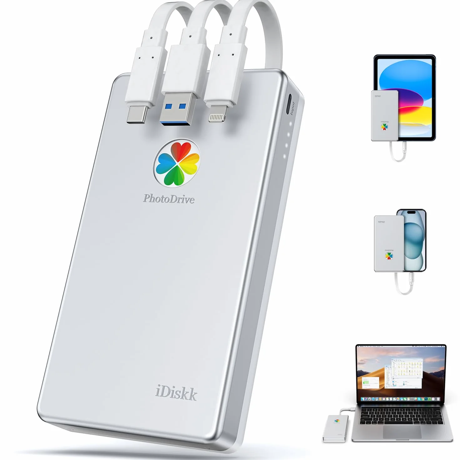 iDiskk 2TB (2000GB) Lightning Externe Festplatte, 【MFi-zertifizierte】 -Speicherplatz 3-in-1 USB-C Tragbare Festplatten für iPhone/iPad/Mac/PC und neueste Type-C Telefone （Sliver）